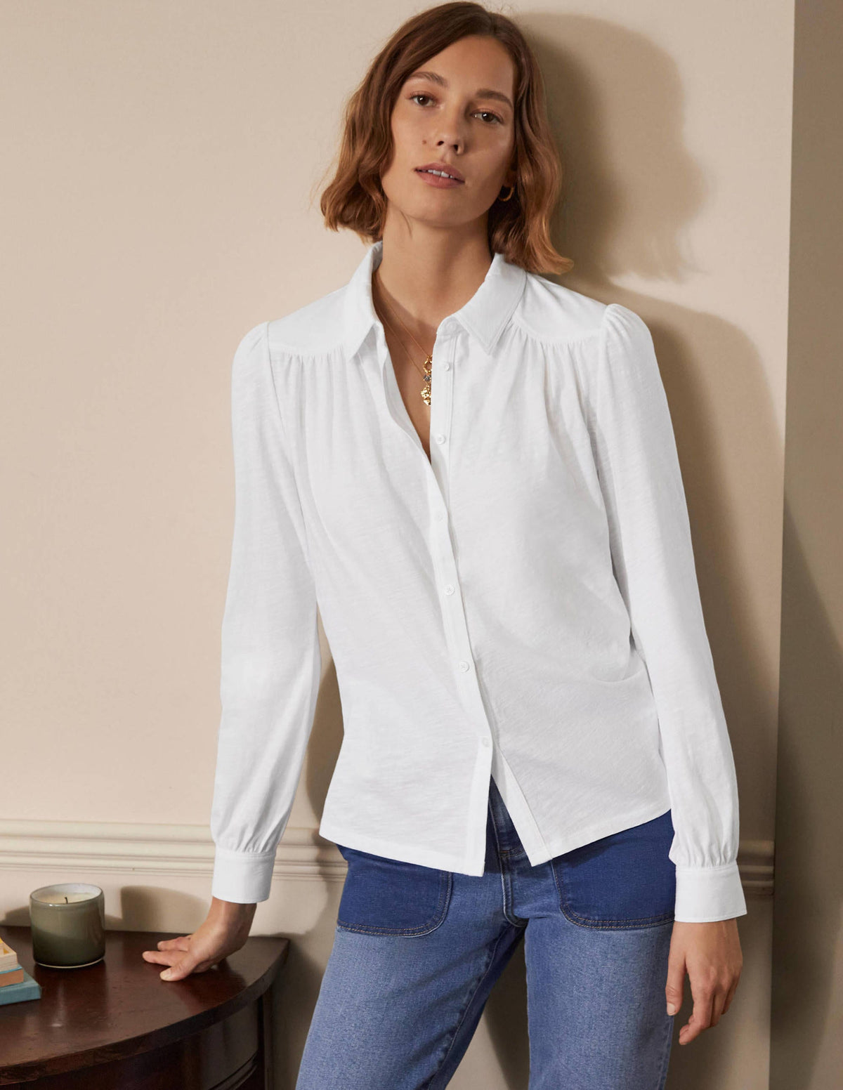 Gathered Detail Jersey Shirt-White-3
