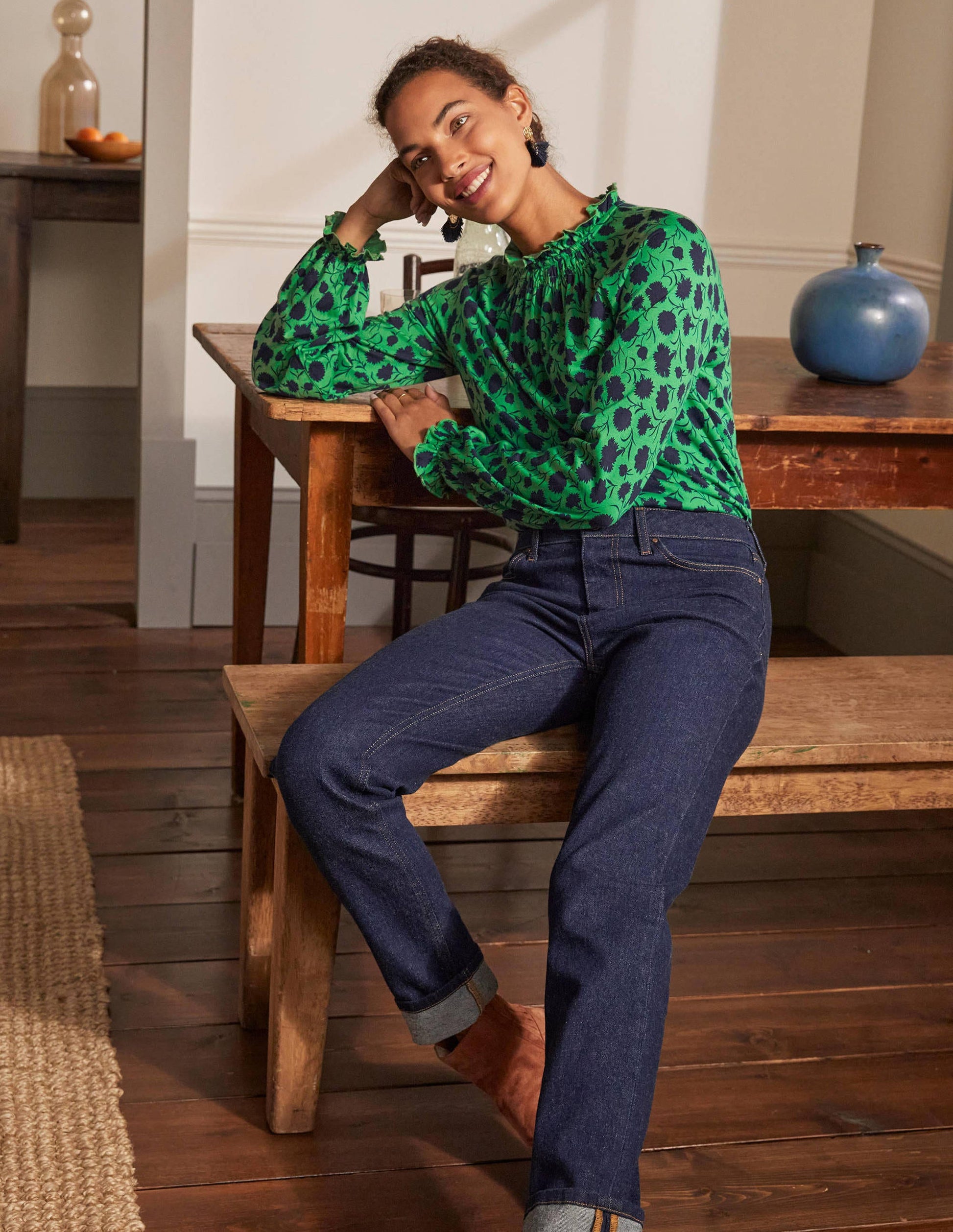 Frill Neck Blouson Jersey Top-Sapling, Leafy Bud-5