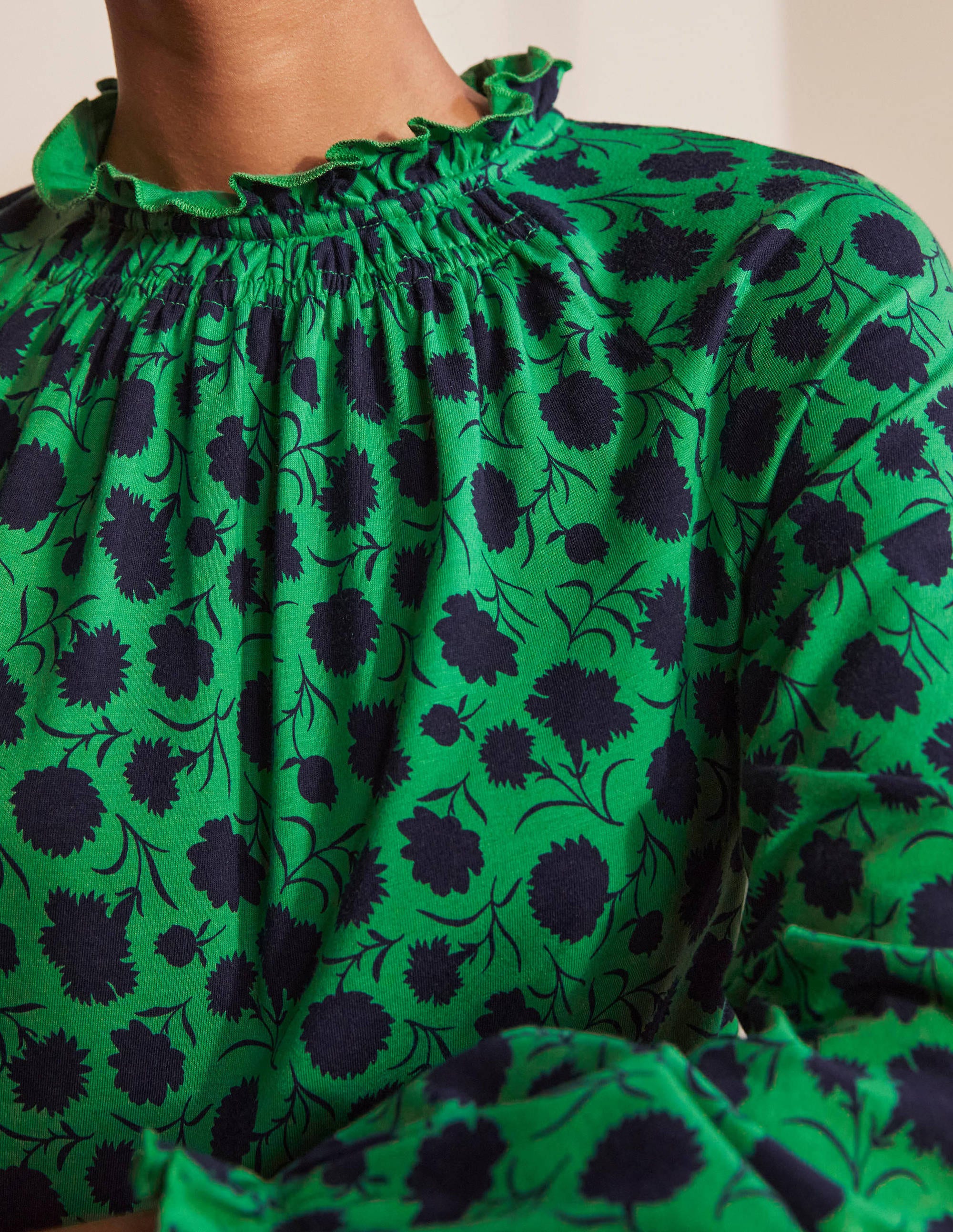 Frill Neck Blouson Jersey Top-Sapling, Leafy Bud - Image 1