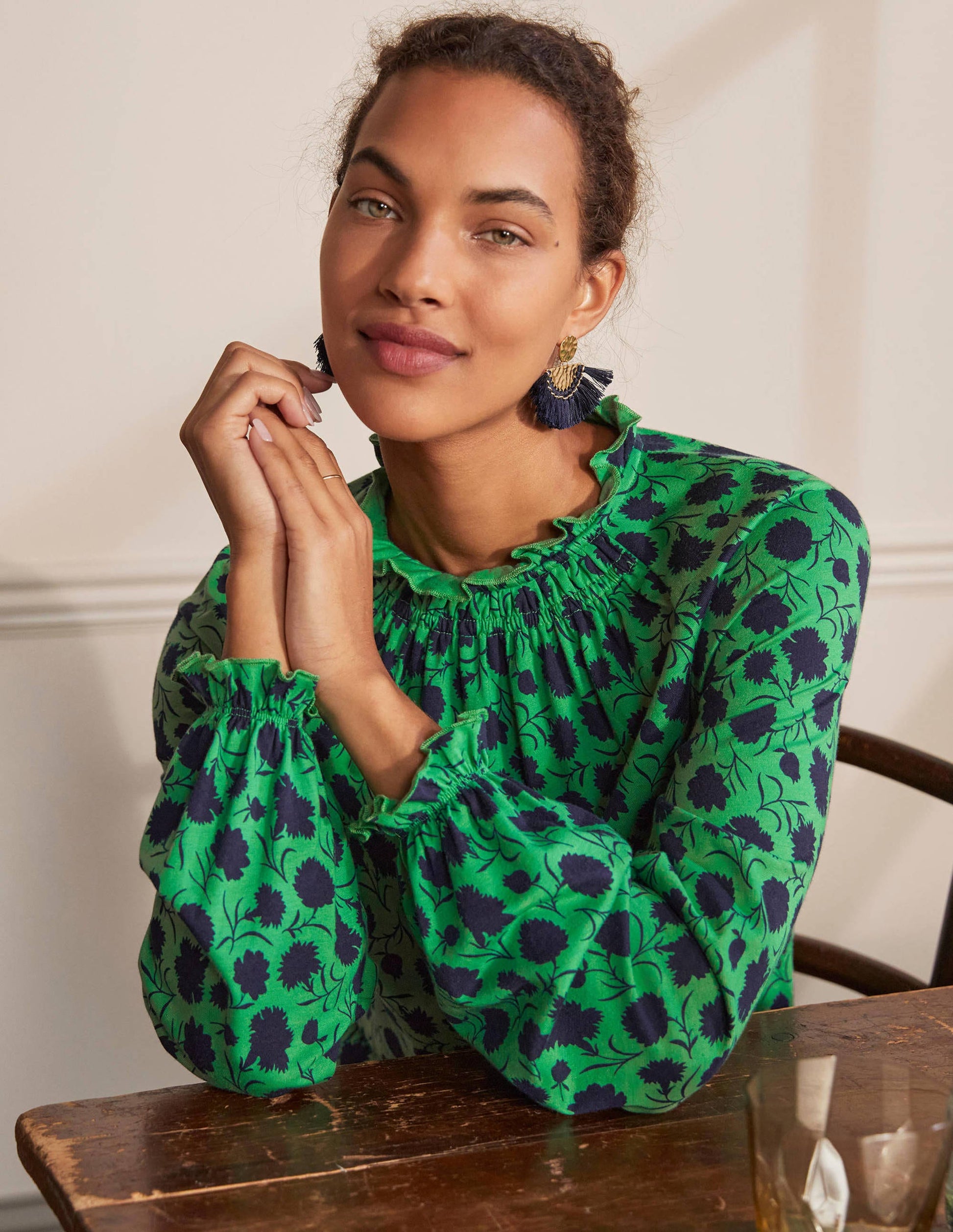 Frill Neck Blouson Jersey Top-Sapling, Leafy Bud-4