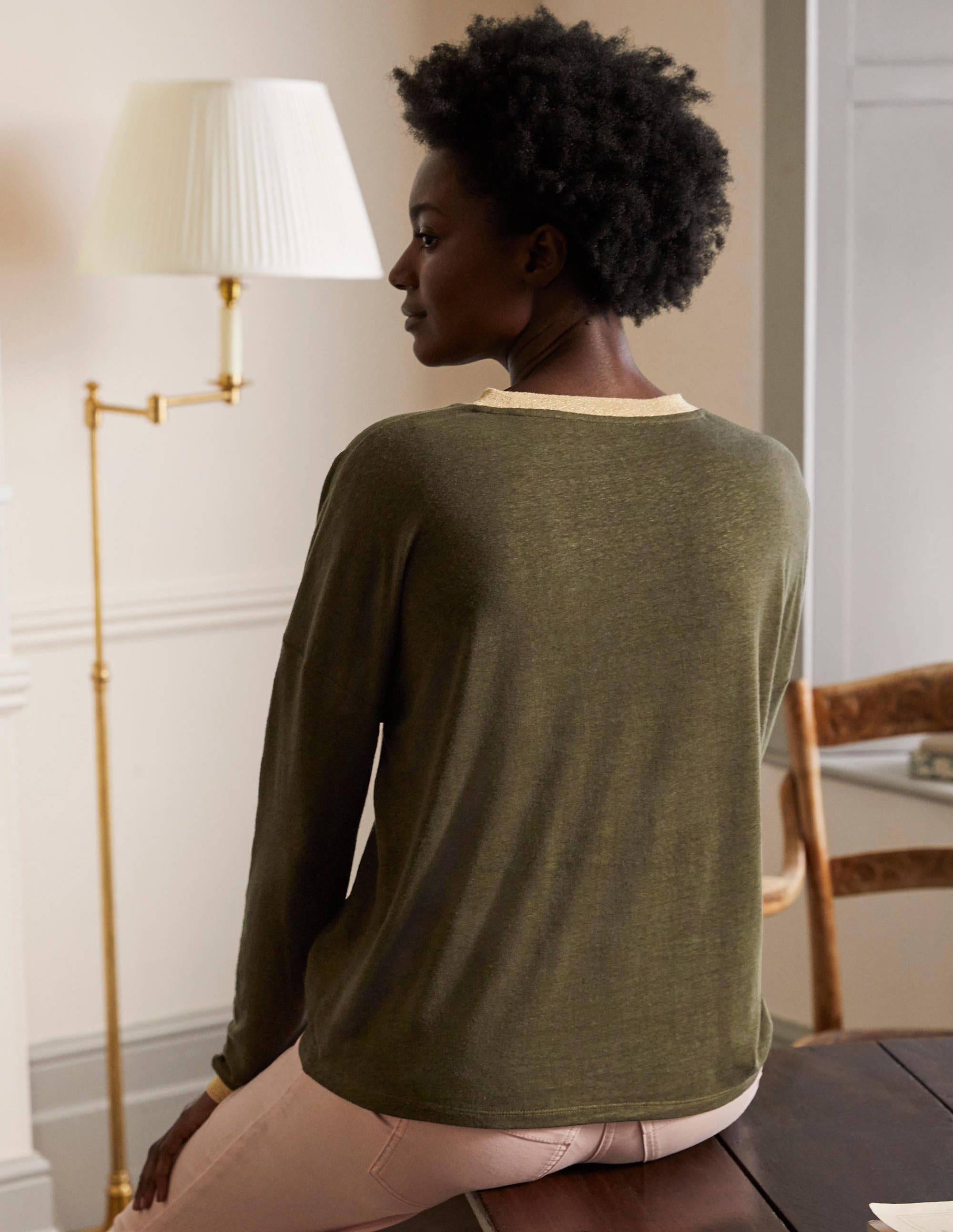 Linen Sparkle Long Sleeve Tee-Classic Khaki - Image 2