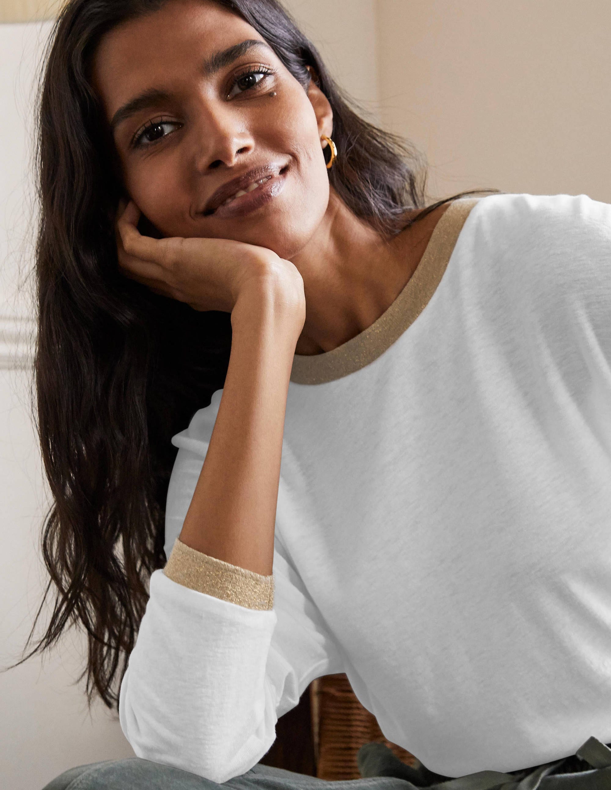 Linen Sparkle Long Sleeve Tee-White - Image 1