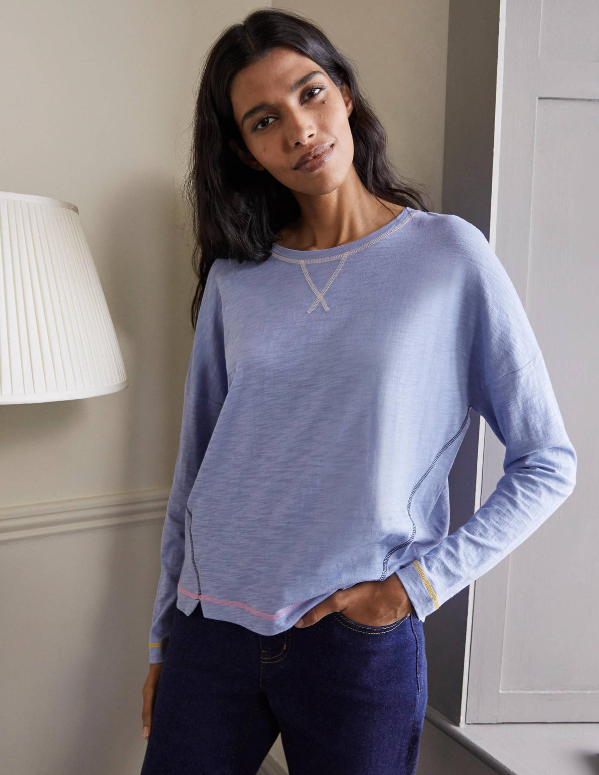 Contrast Stitch Jersey Top-Sea Mist-4