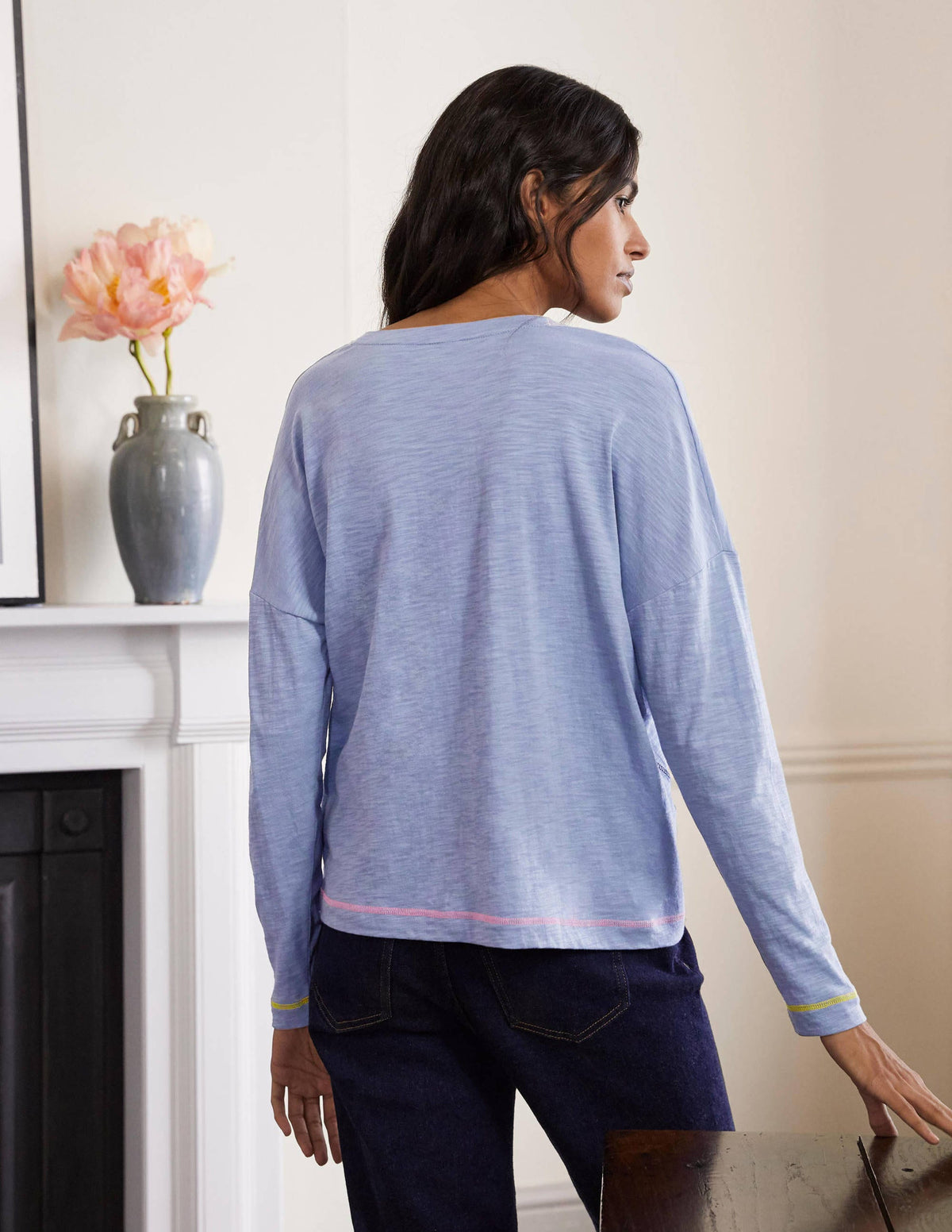 Contrast Stitch Jersey Top-Sea Mist-2