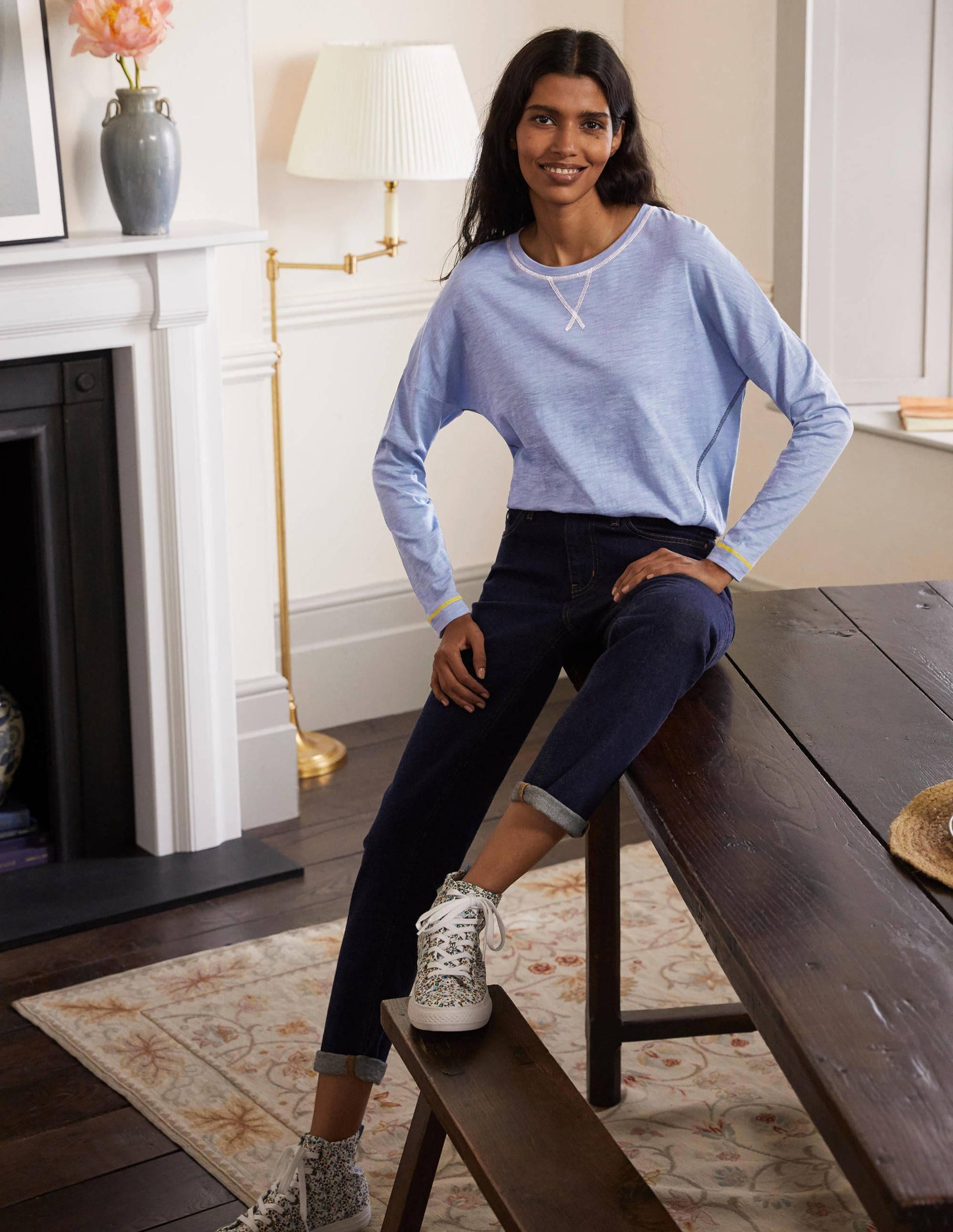 Contrast Stitch Jersey Top-Sea Mist-3