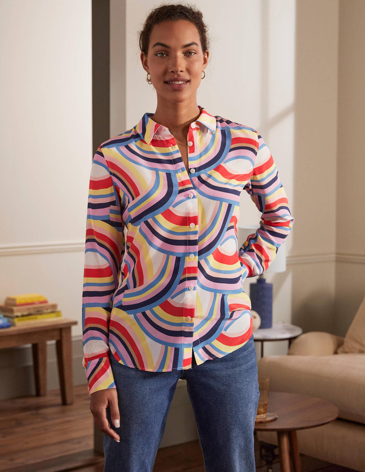 Silk Shirt-Ivory, Abstract Rainbow-3