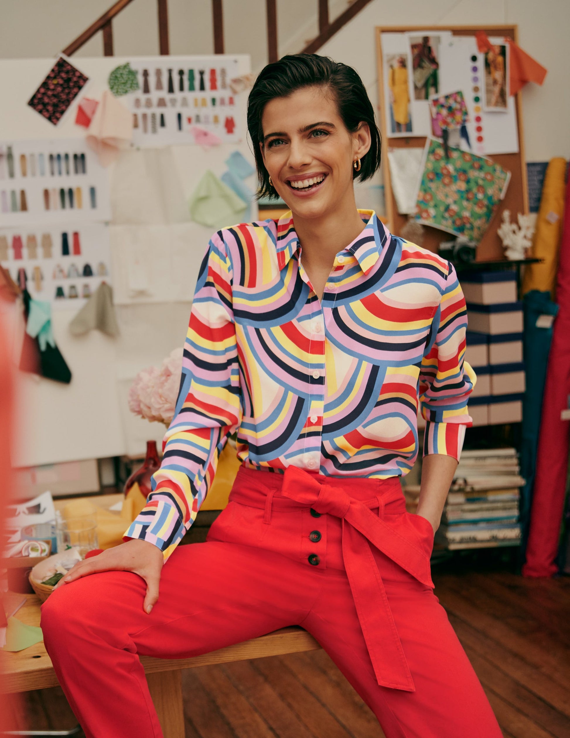 Silk Shirt-Ivory, Abstract Rainbow-4