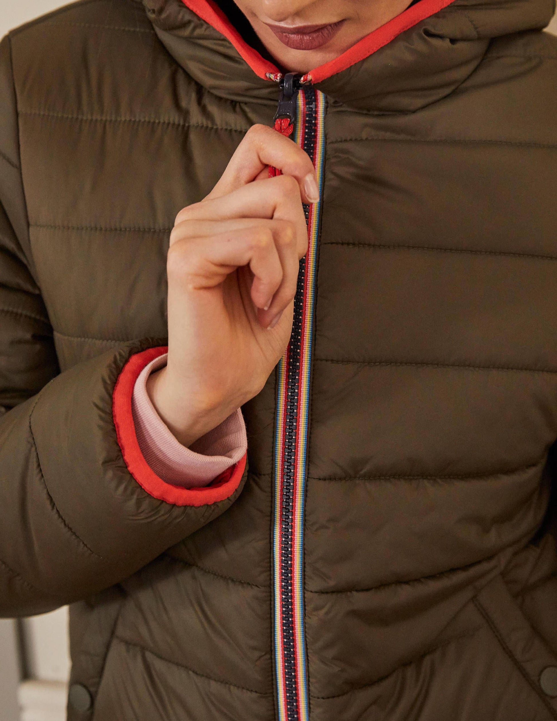 Reversible Puffer Jacket-Khaki/Bright Cherry-1