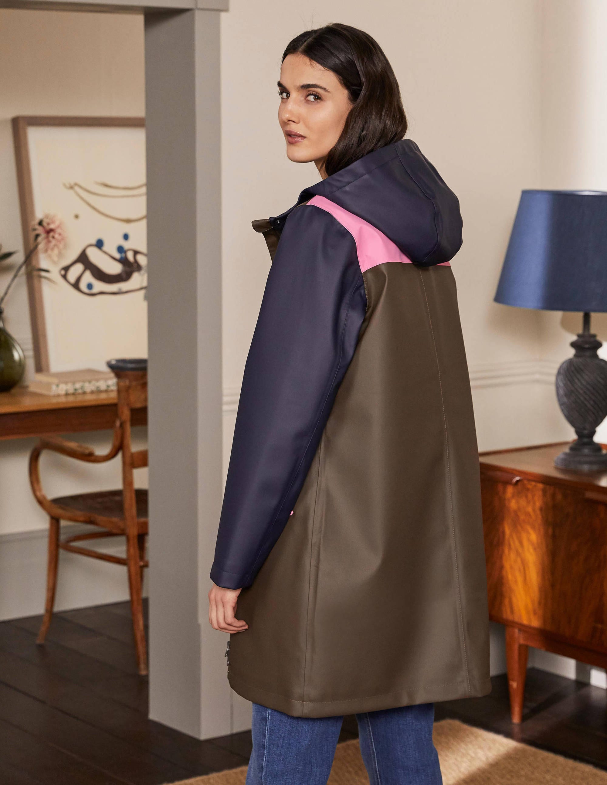 Morris Waterproof Mac-Khaki and Navy Colourblock - Image 2