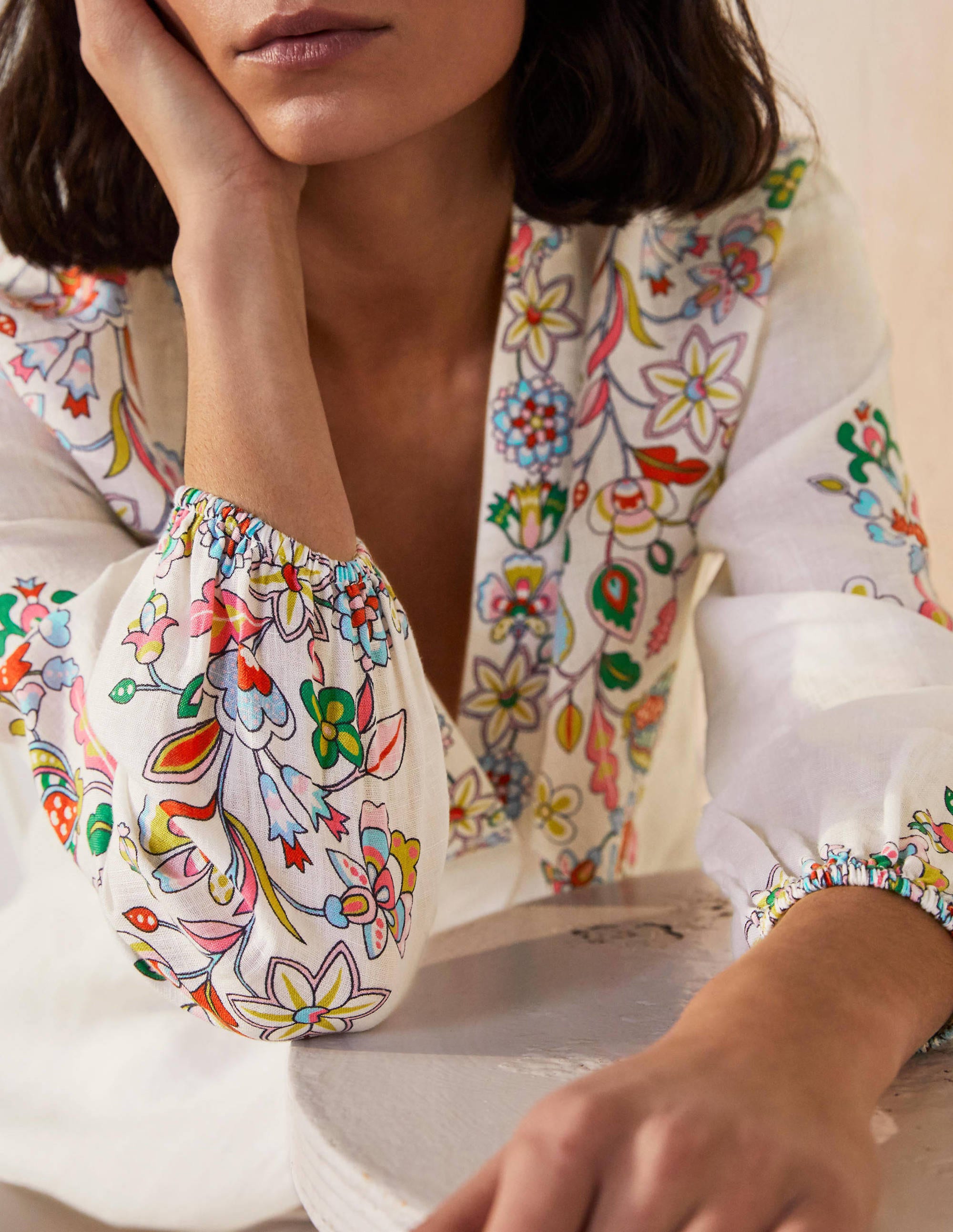 Hannah Linen Shirt-Ivory, Kaleidoscopic Floral - Image 3