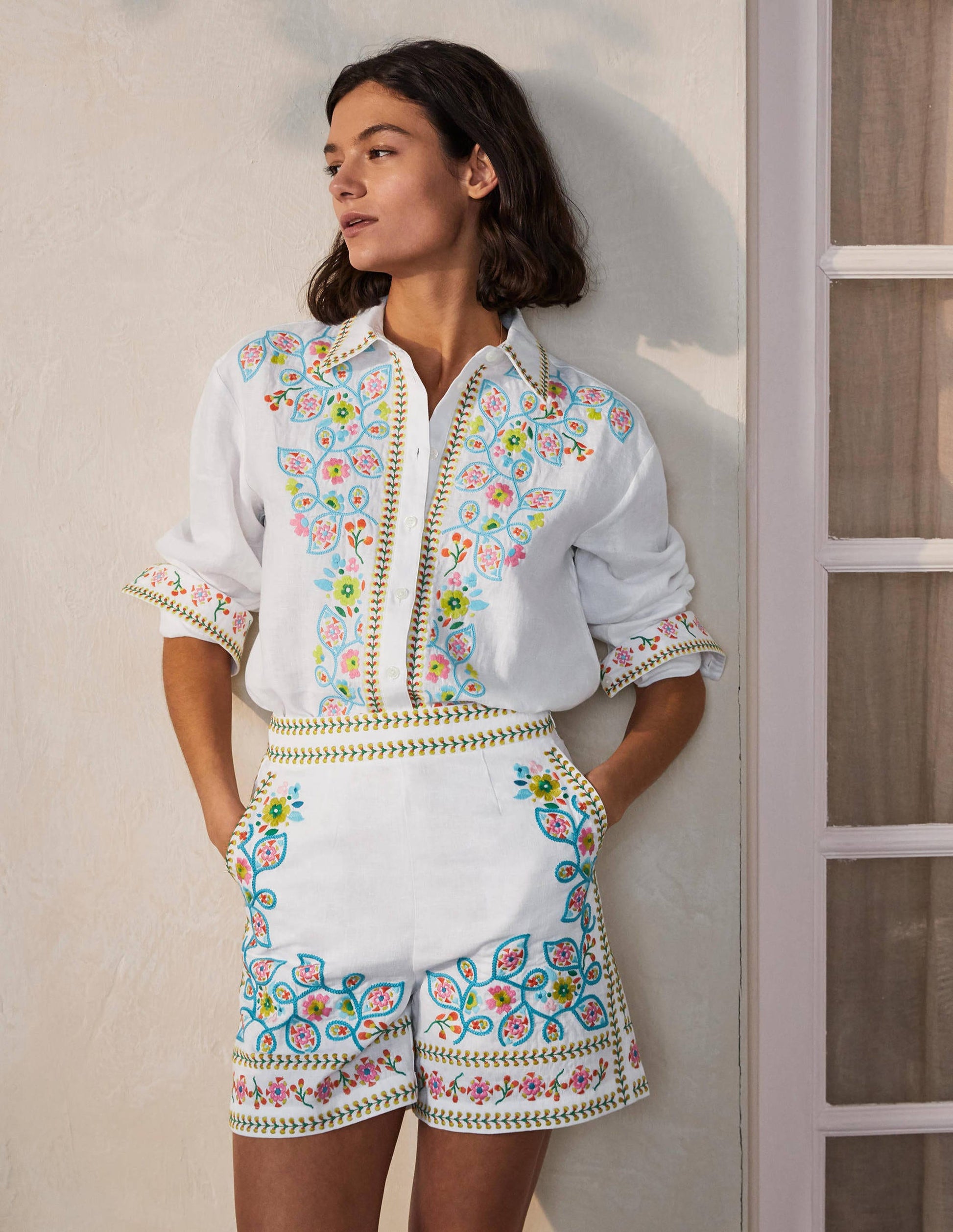 Embroidered Linen Shirt-White/ Multi Emb-4