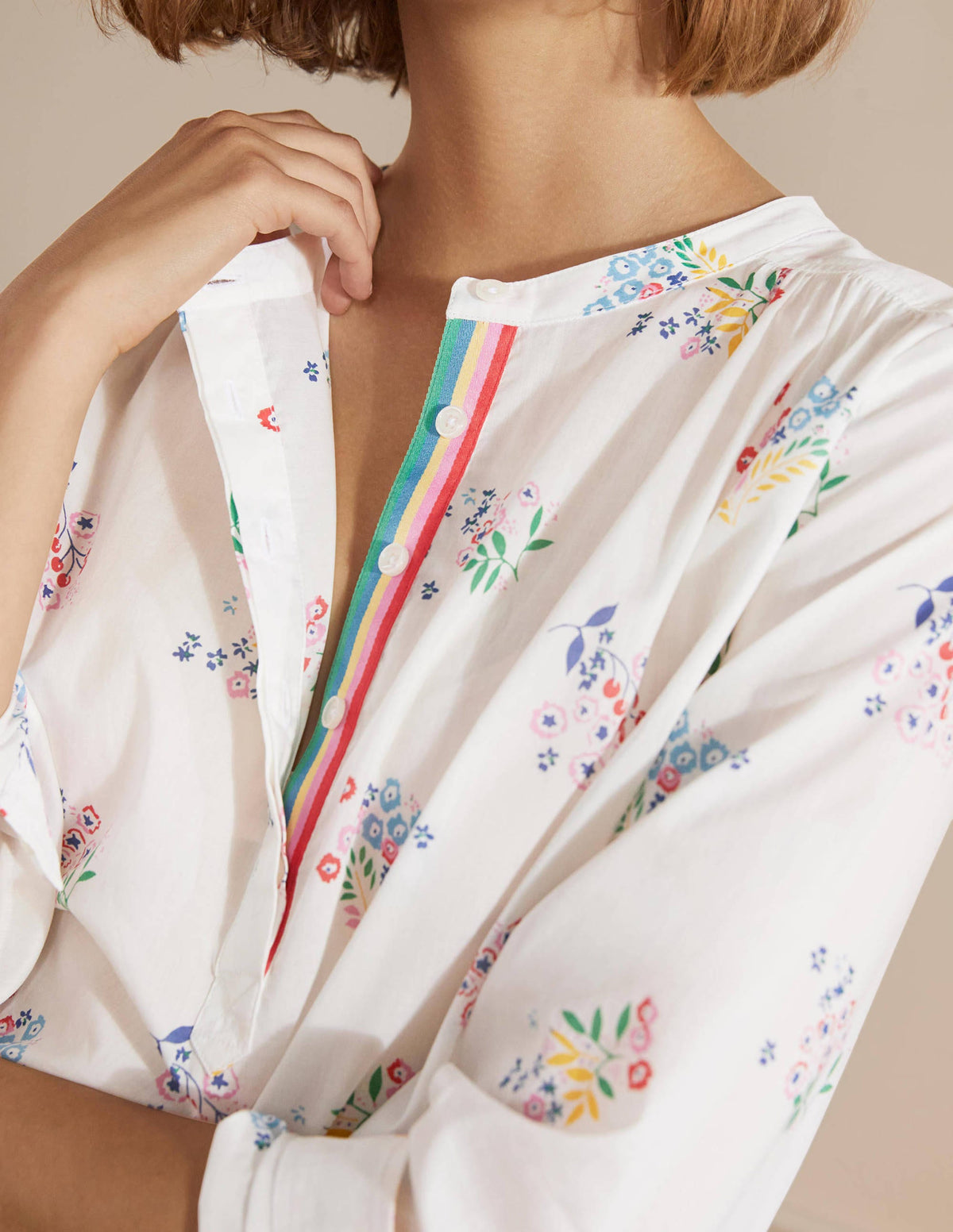 Relaxed Popover Cotton Shirt-Ivory, Delicate Sprig - Image 1