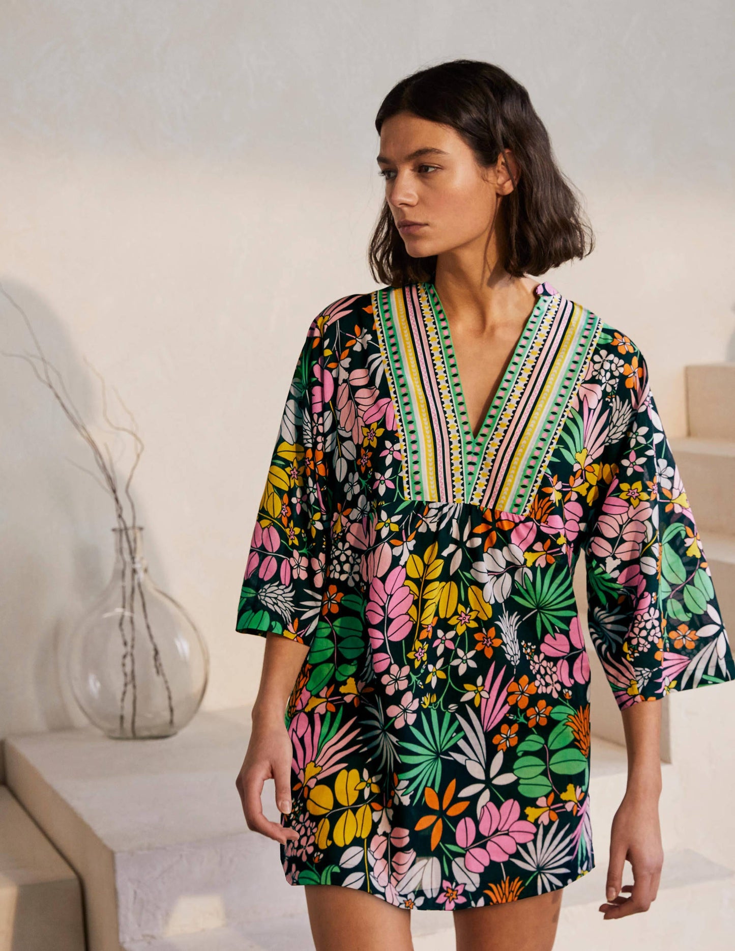 Wide Sleeve Cotton Kaftan-Black, Jungle Floral