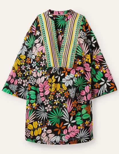 Wide Sleeve Cotton Kaftan-Black, Jungle Floral