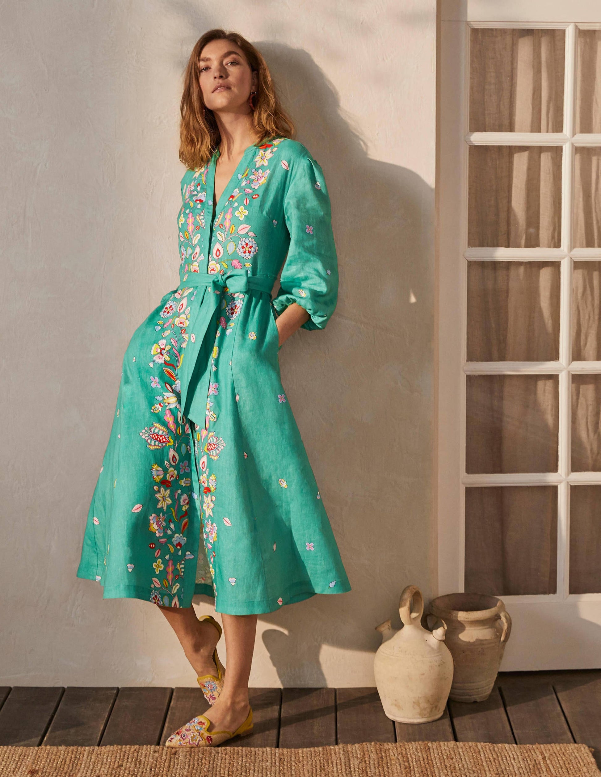 Addie Linen Midi Dress-Leafy Green, Placement Print-4