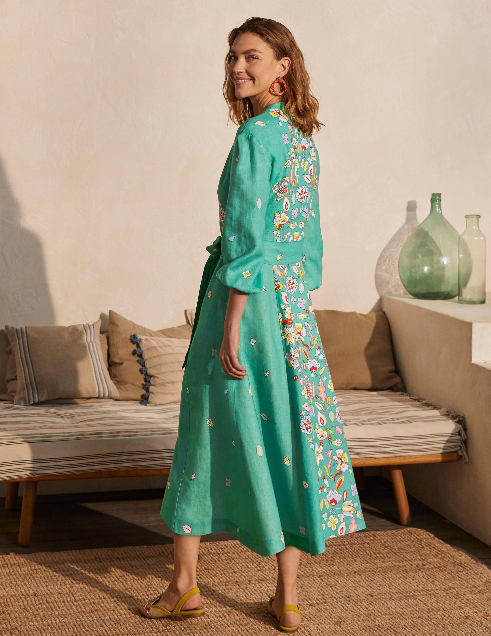 Addie Linen Midi Dress-Leafy Green, Placement Print - Image 2