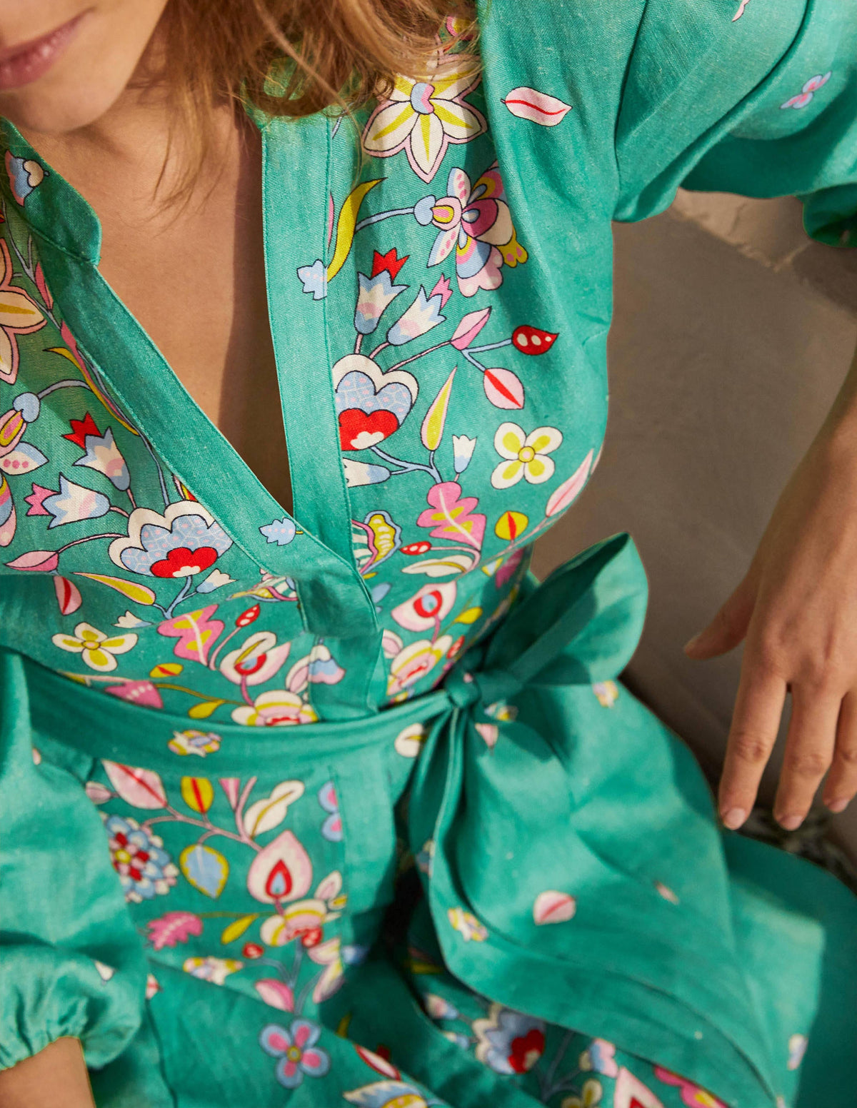Addie Linen Midi Dress-Leafy Green, Placement Print - Image 3