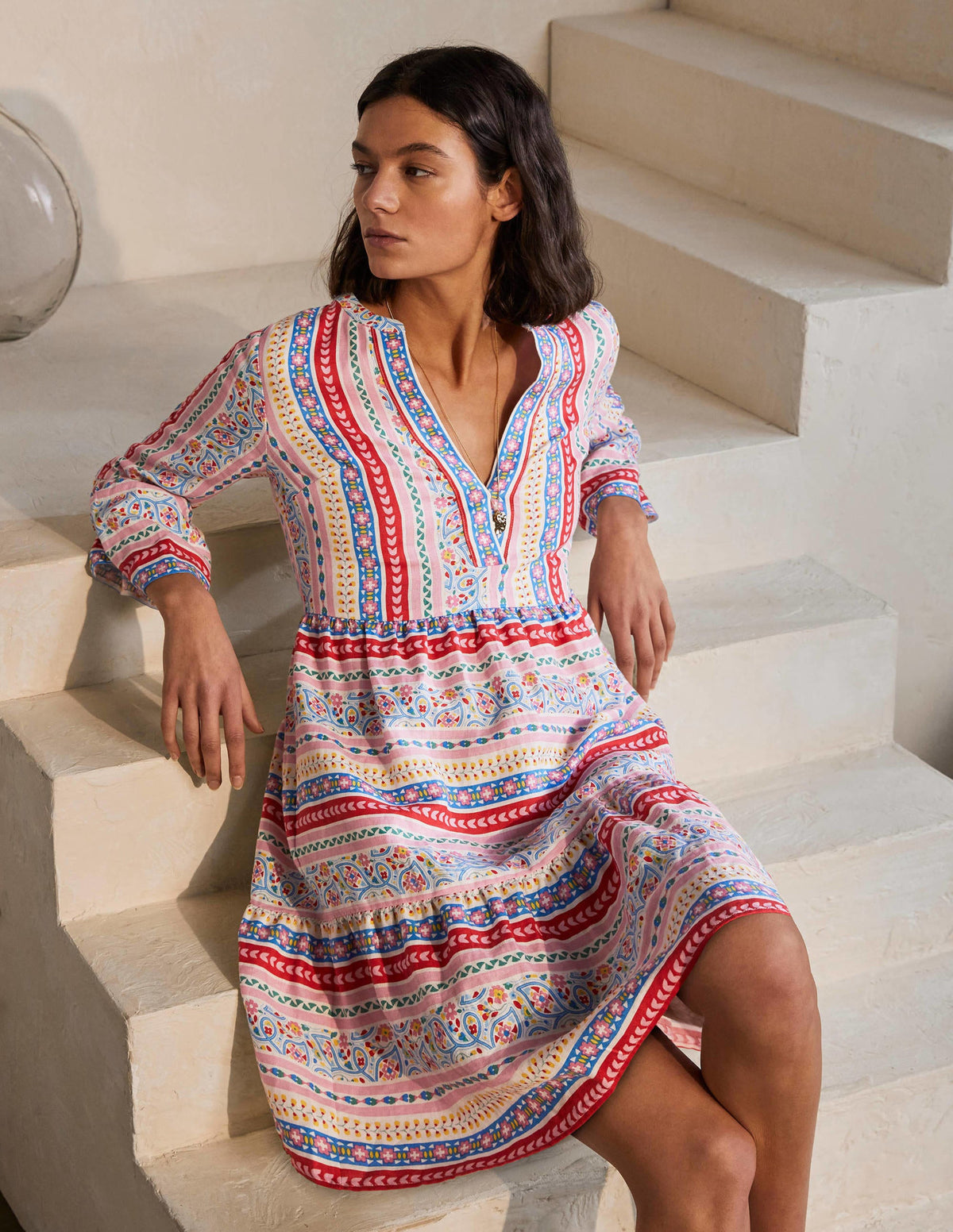 Relaxed Linen Tiered Dress-Ivory, Exotic Border - Image 1