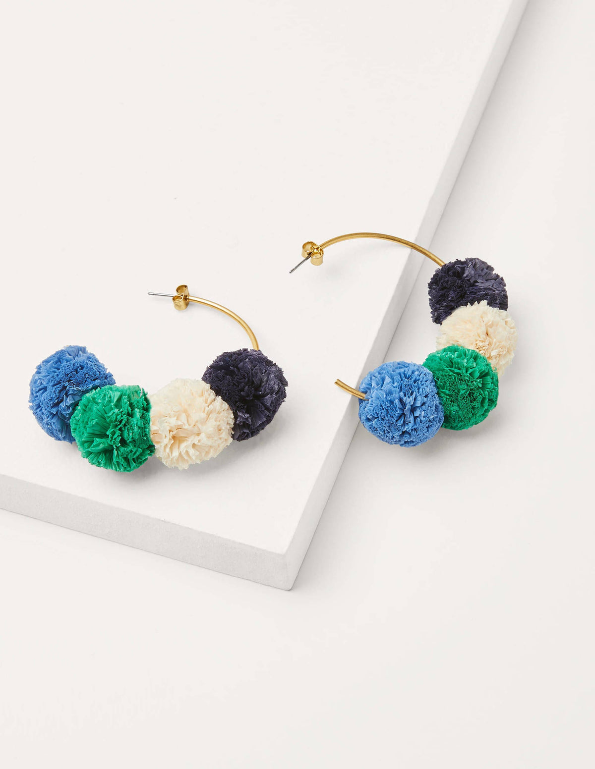 Raffia Pompom Hoops-Blue Multi - Image 1