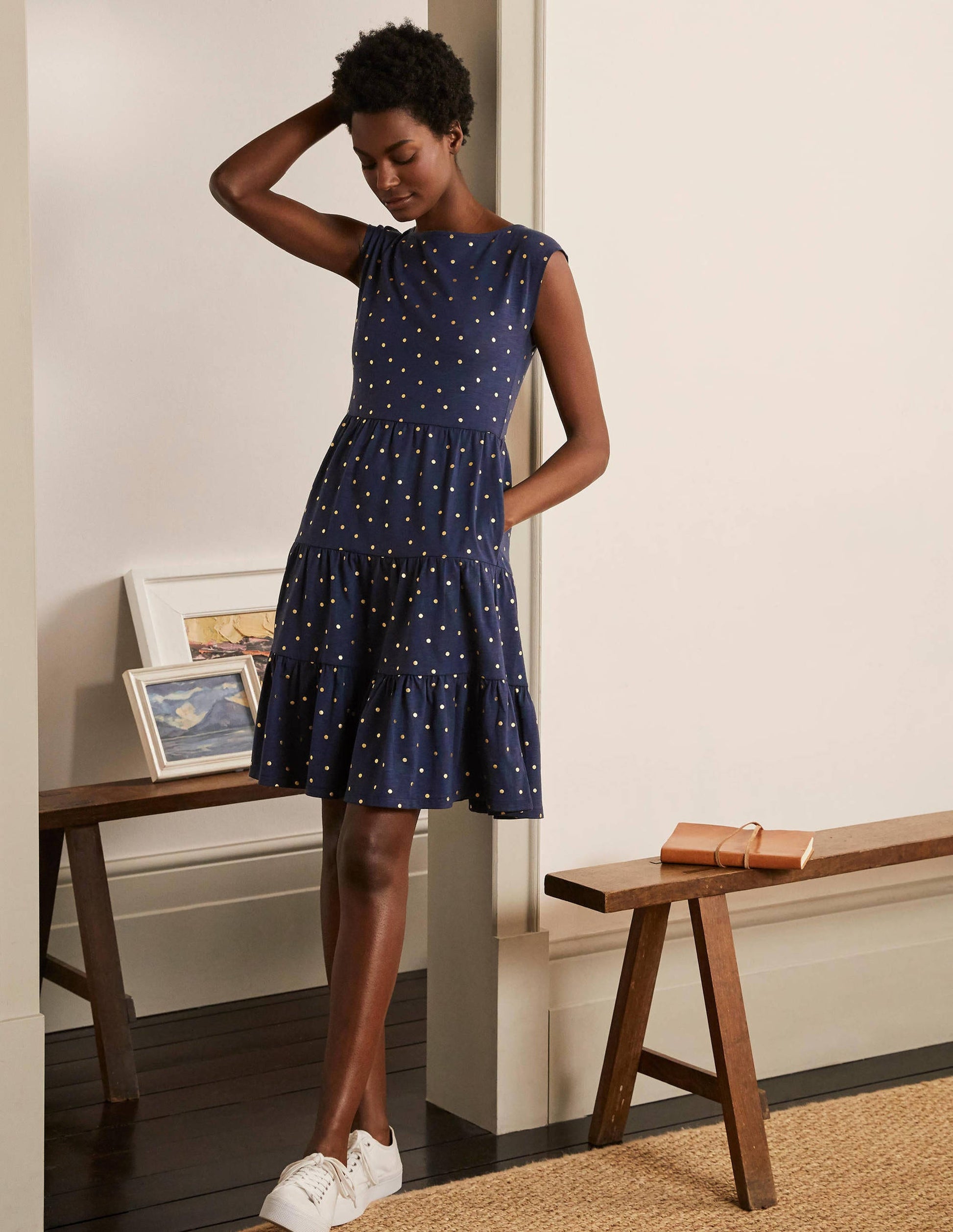 Romaine Tiered Jersey Dress-Navy and Gold, Polka Dot-2