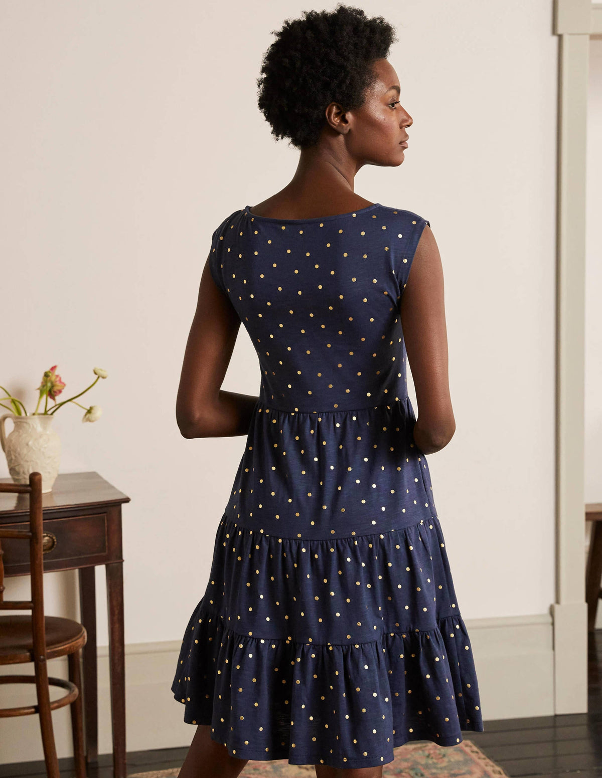 Romaine Tiered Jersey Dress-Navy and Gold, Polka Dot-3