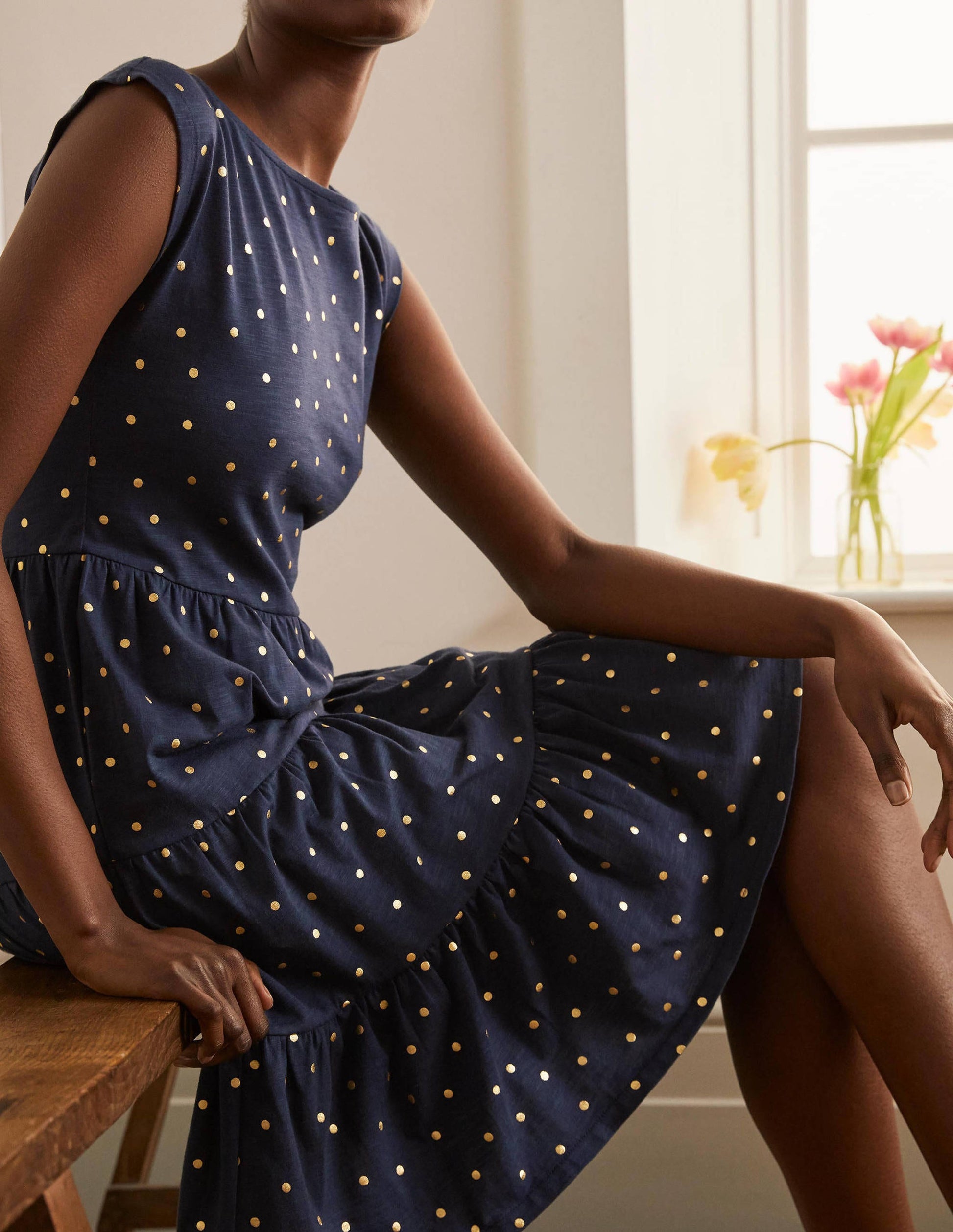 Romaine Tiered Jersey Dress-Navy and Gold, Polka Dot-4