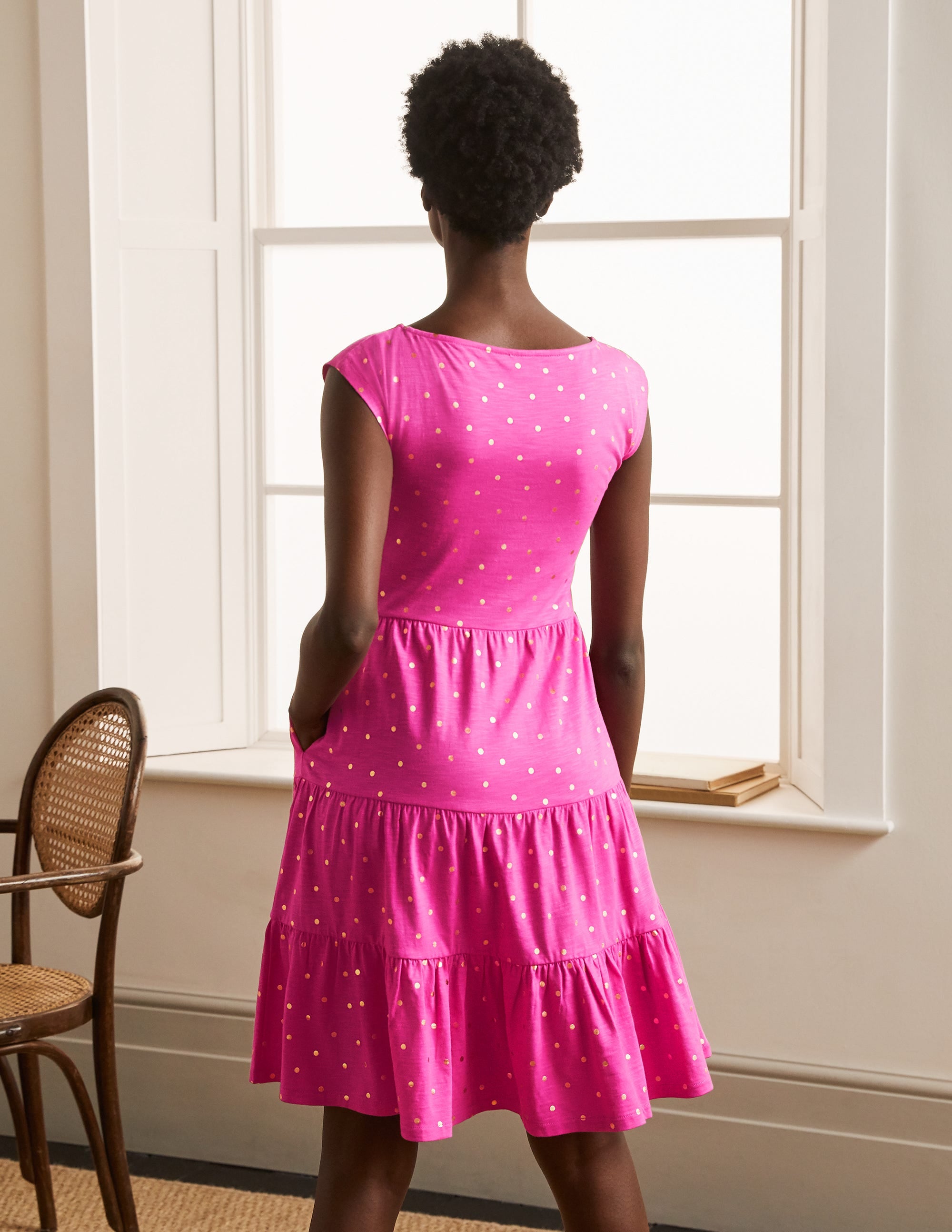 Romaine Tiered Jersey Dress-Party Pink and Gold, Polka Dot - Image 3