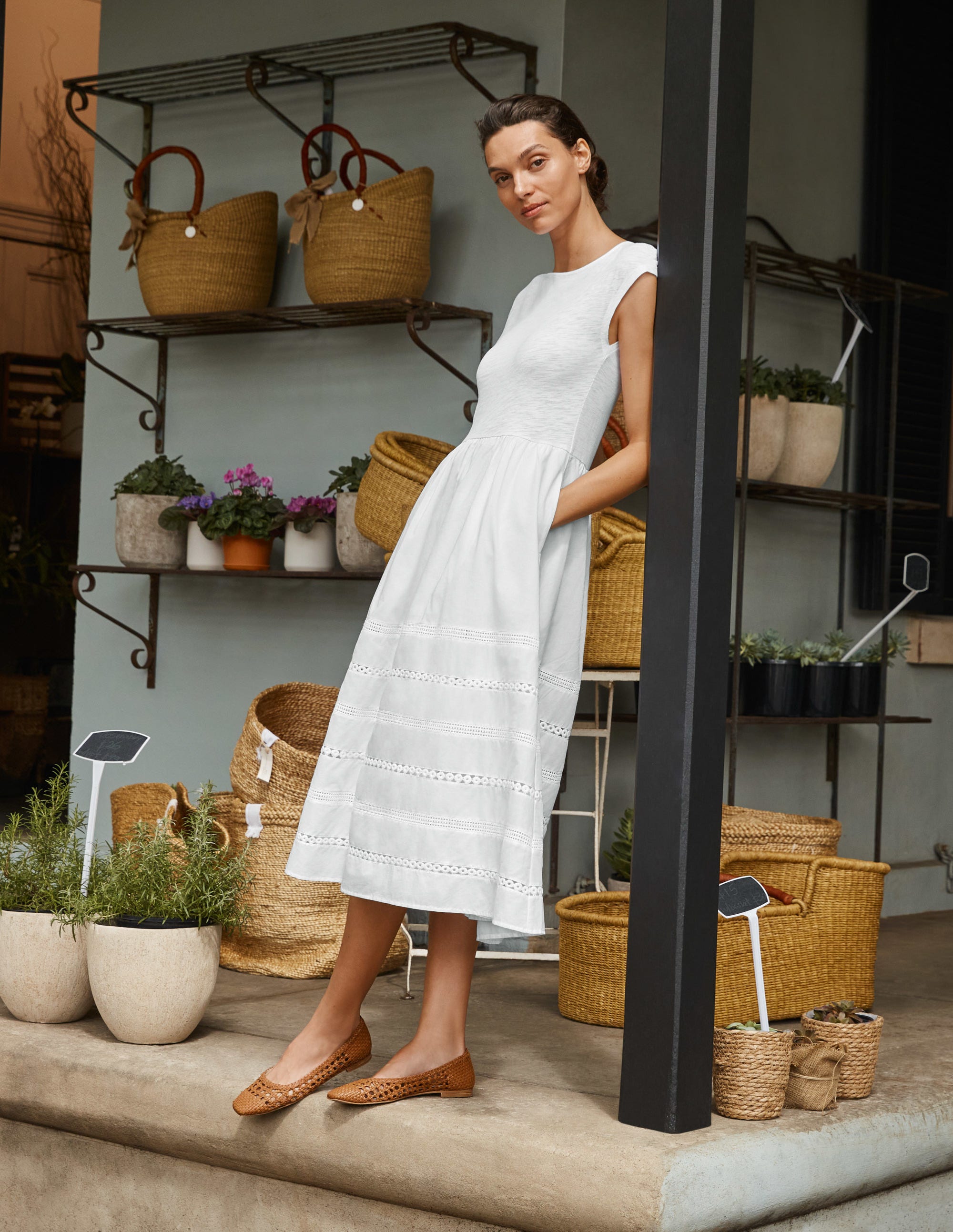 Woven Mix Trim Detail Dress-White - Image 7