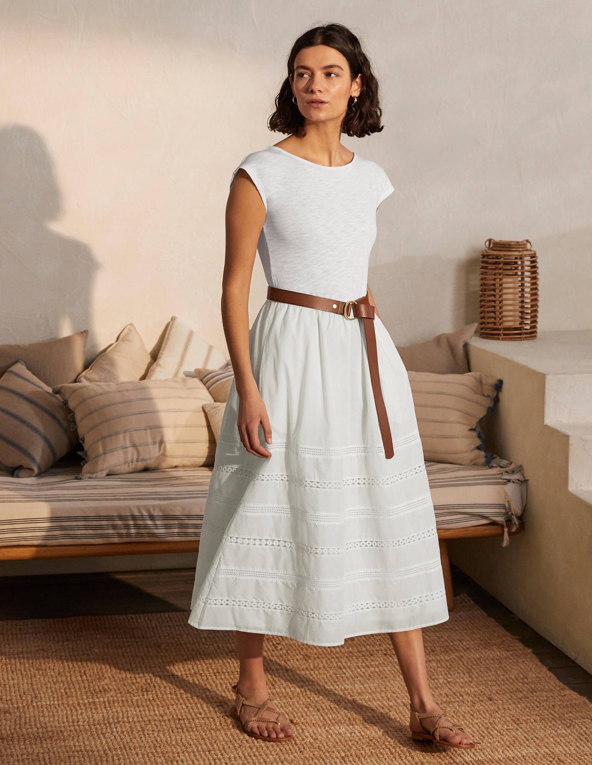 Woven Mix Trim Detail Dress-White - Image 1