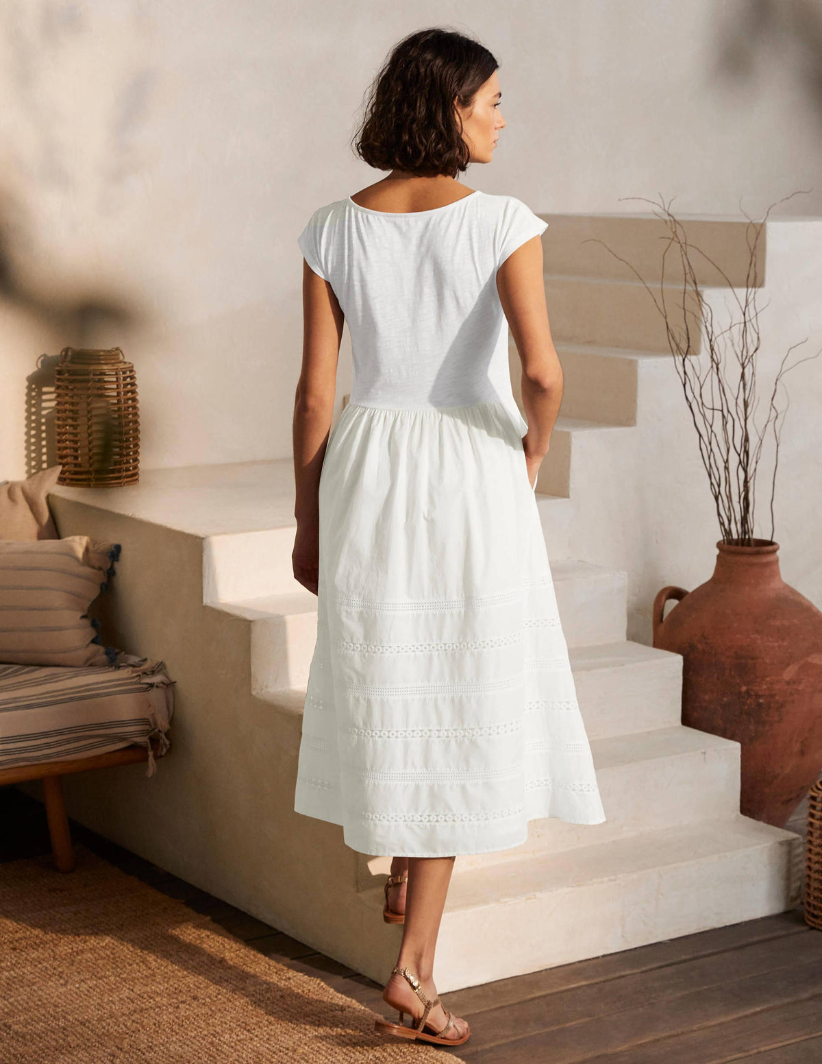 Woven Mix Trim Detail Dress-White-3