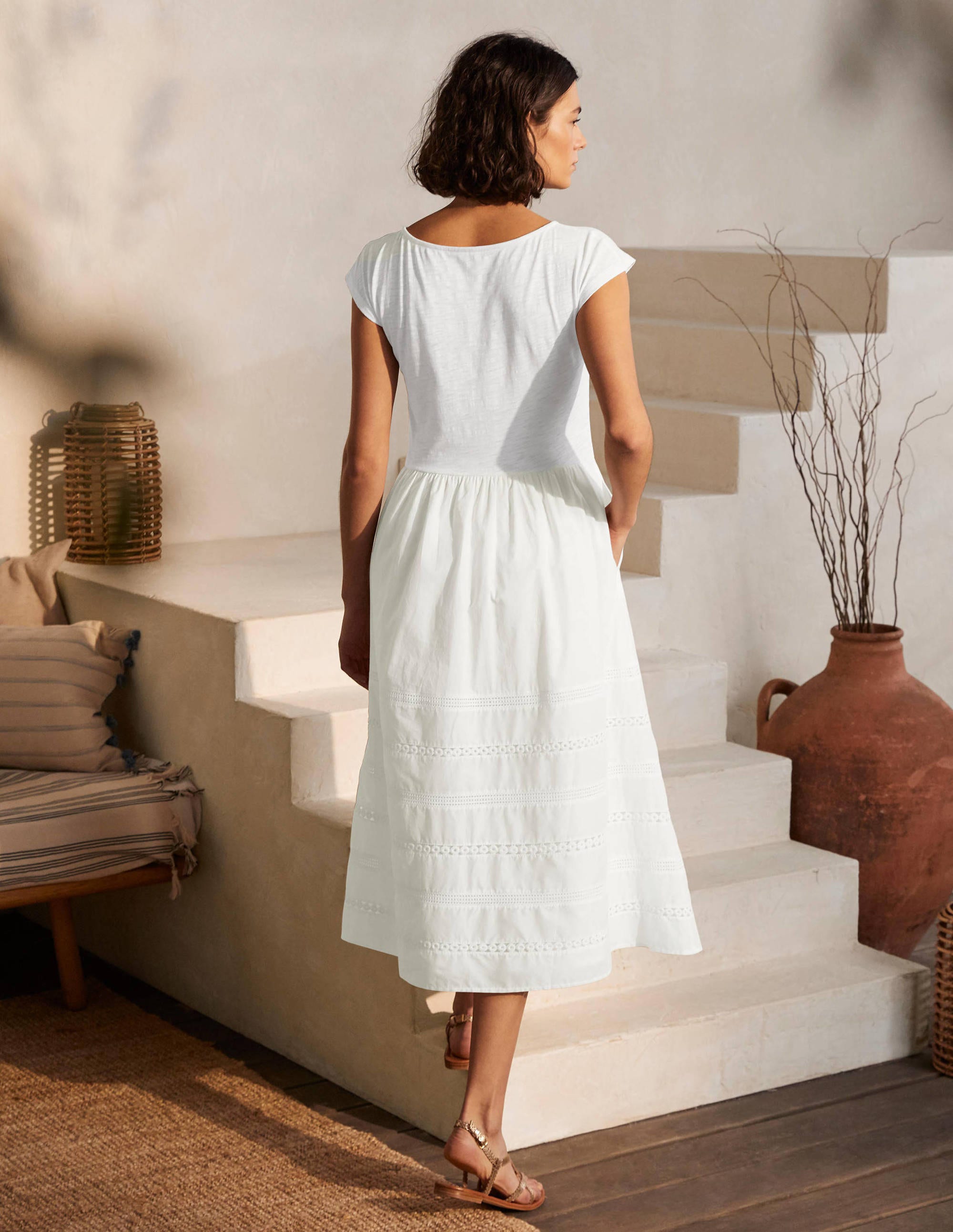 Woven Mix Trim Detail Dress-White - Image 3