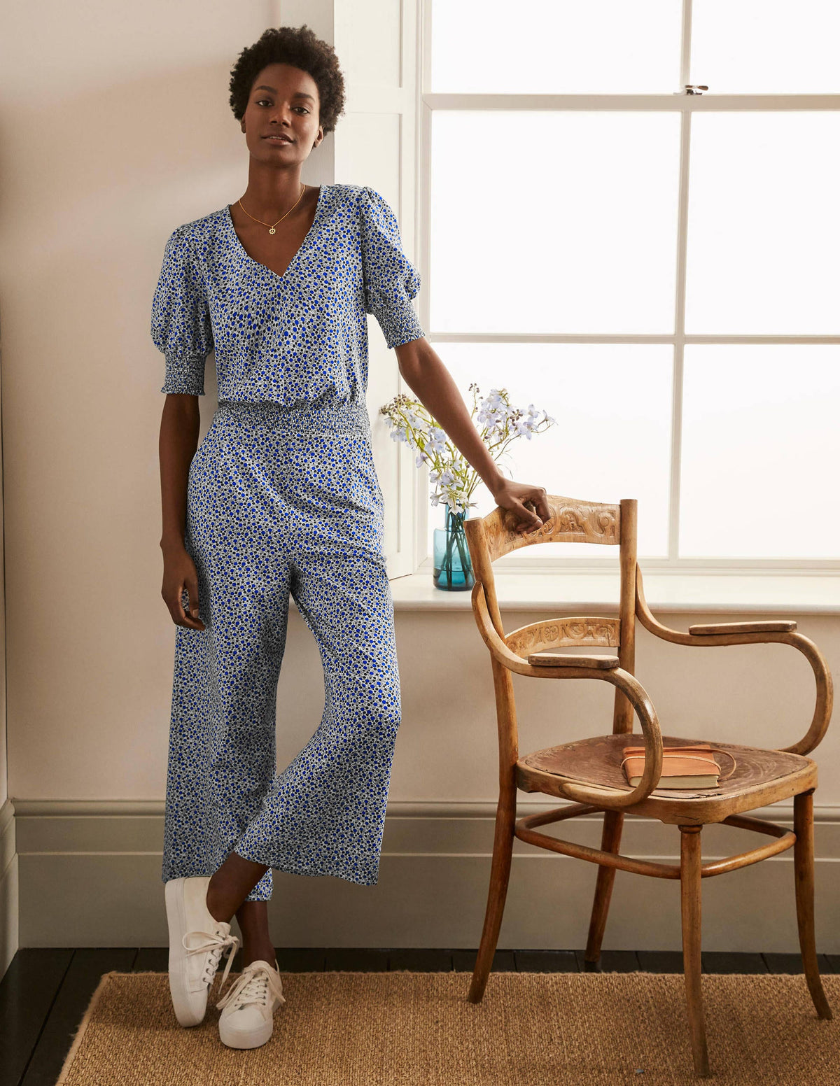 Estella Jersey Jumpsuit-Ivory, Meadow Spot-1