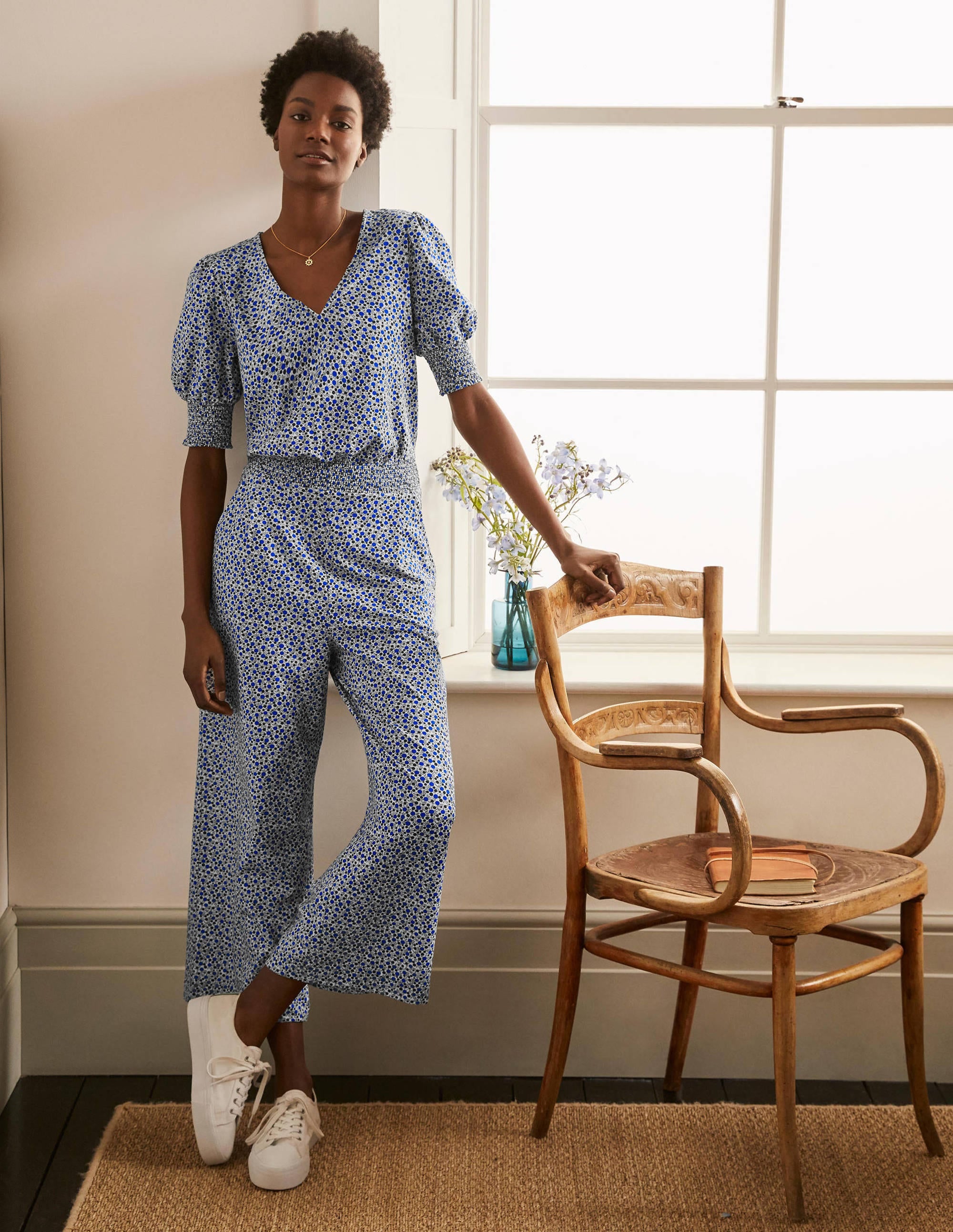 Estella Jersey Jumpsuit-Ivory, Meadow Spot - Image 1