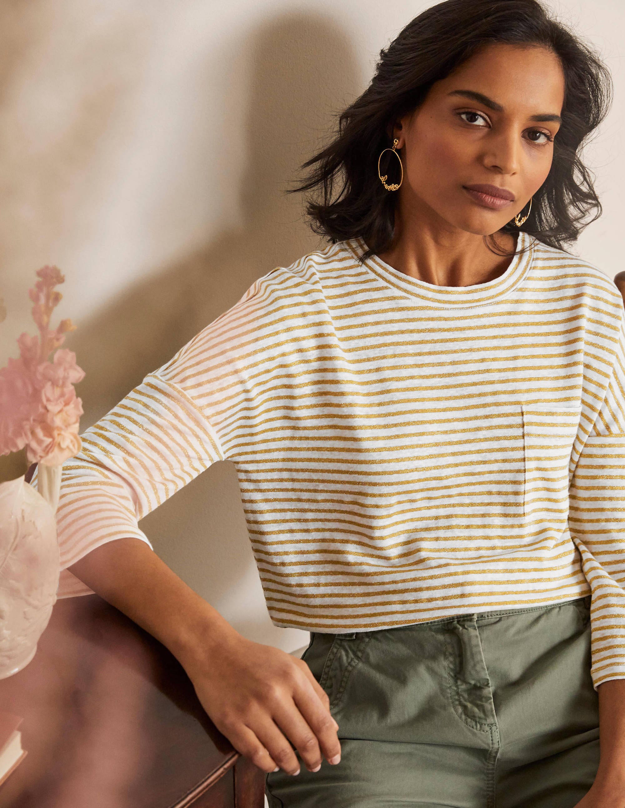 Ottilie Linen Jersey Top-Gold/ Ivory - Image 1