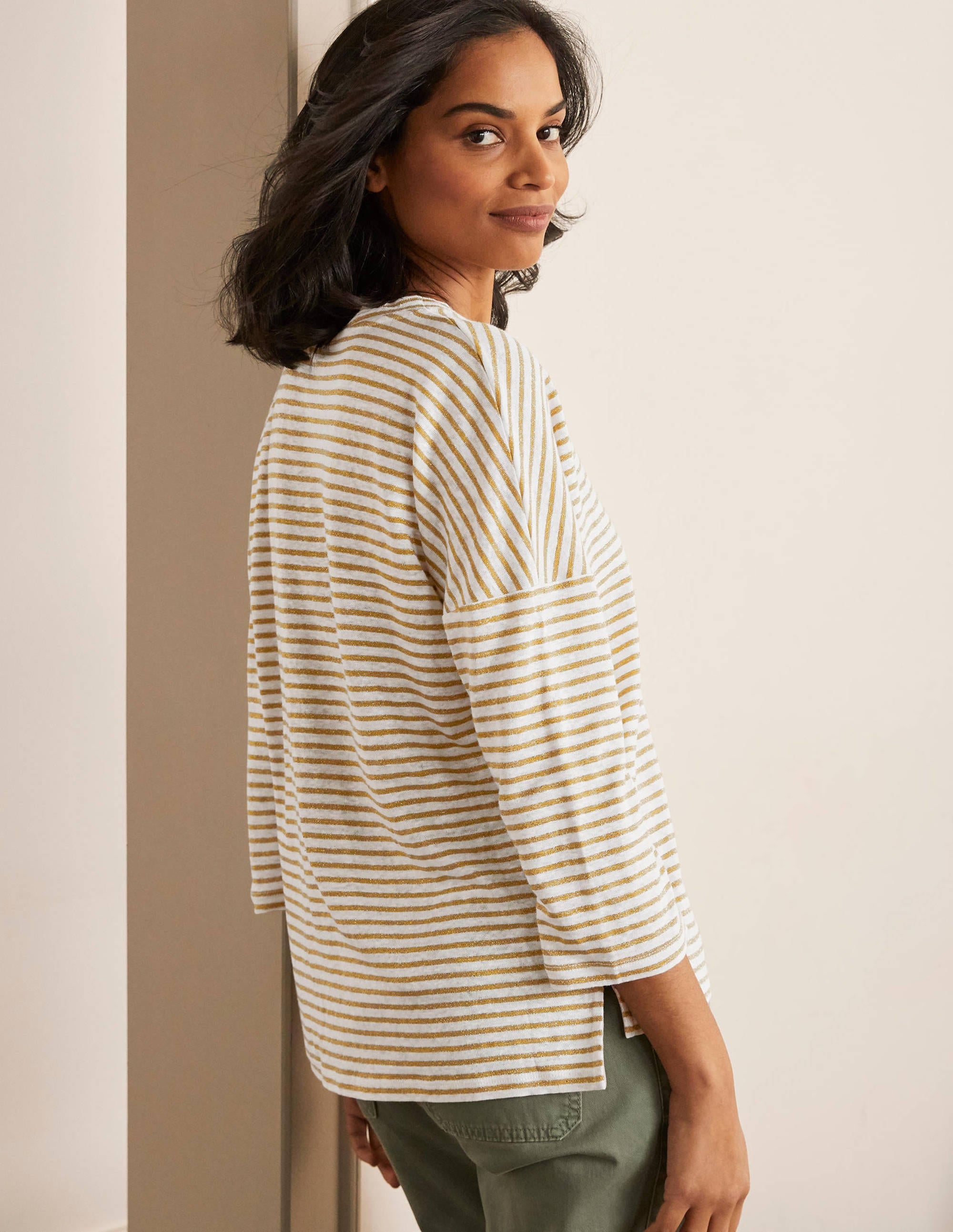 Ottilie Linen Jersey Top-Gold/ Ivory - Image 3
