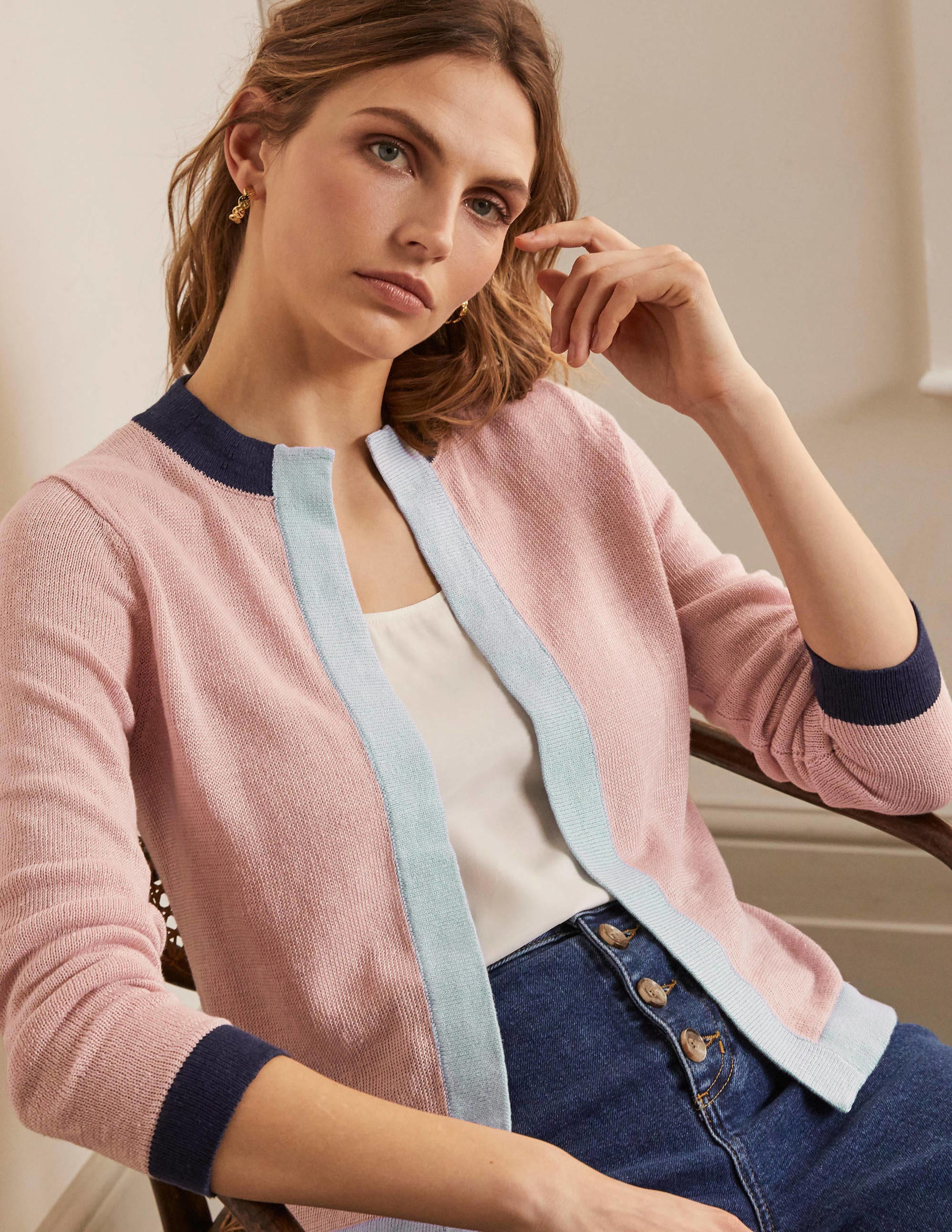 Stripe Trim Linen Cardigan-Milkshake Colourblock - Image 1