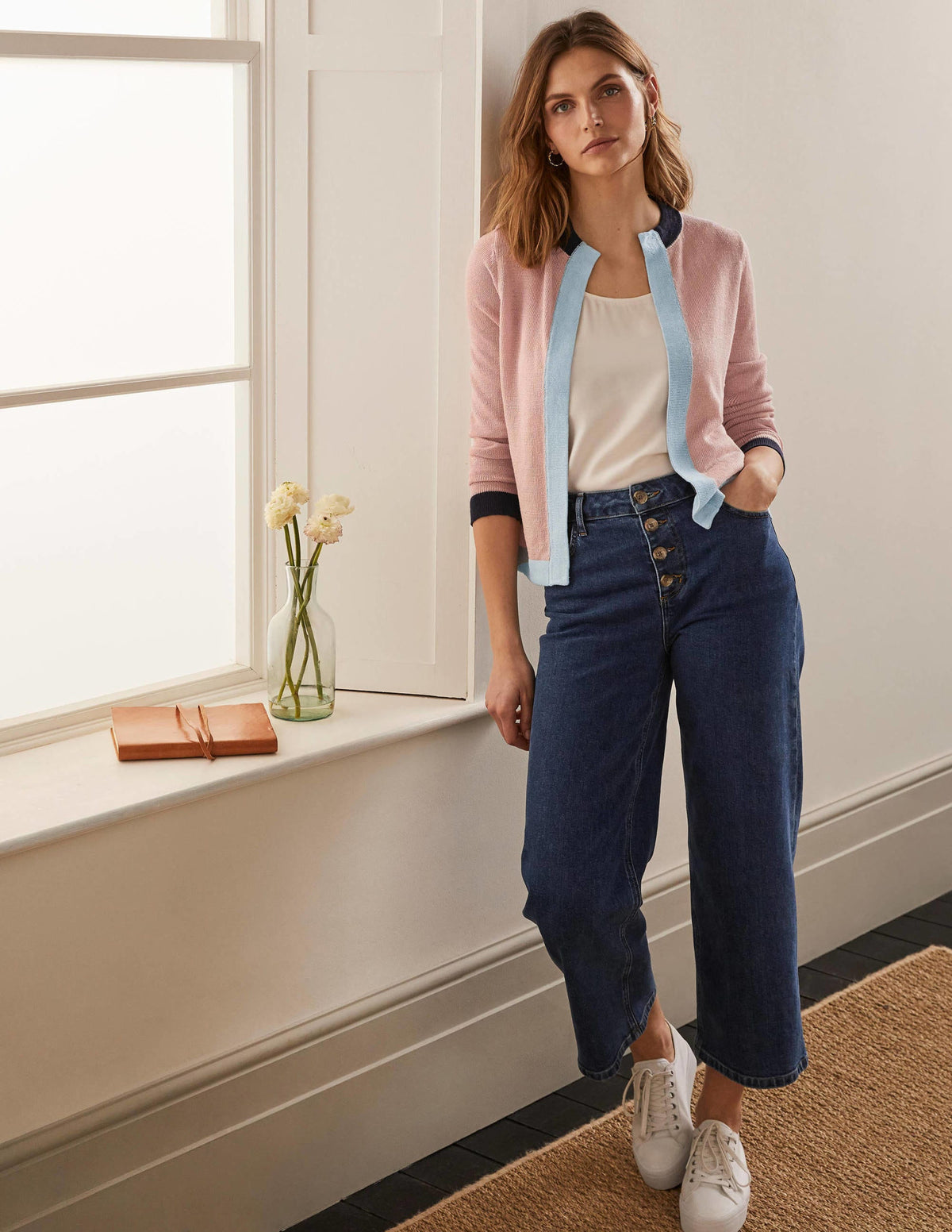 Stripe Trim Linen Cardigan-Milkshake Colourblock-2
