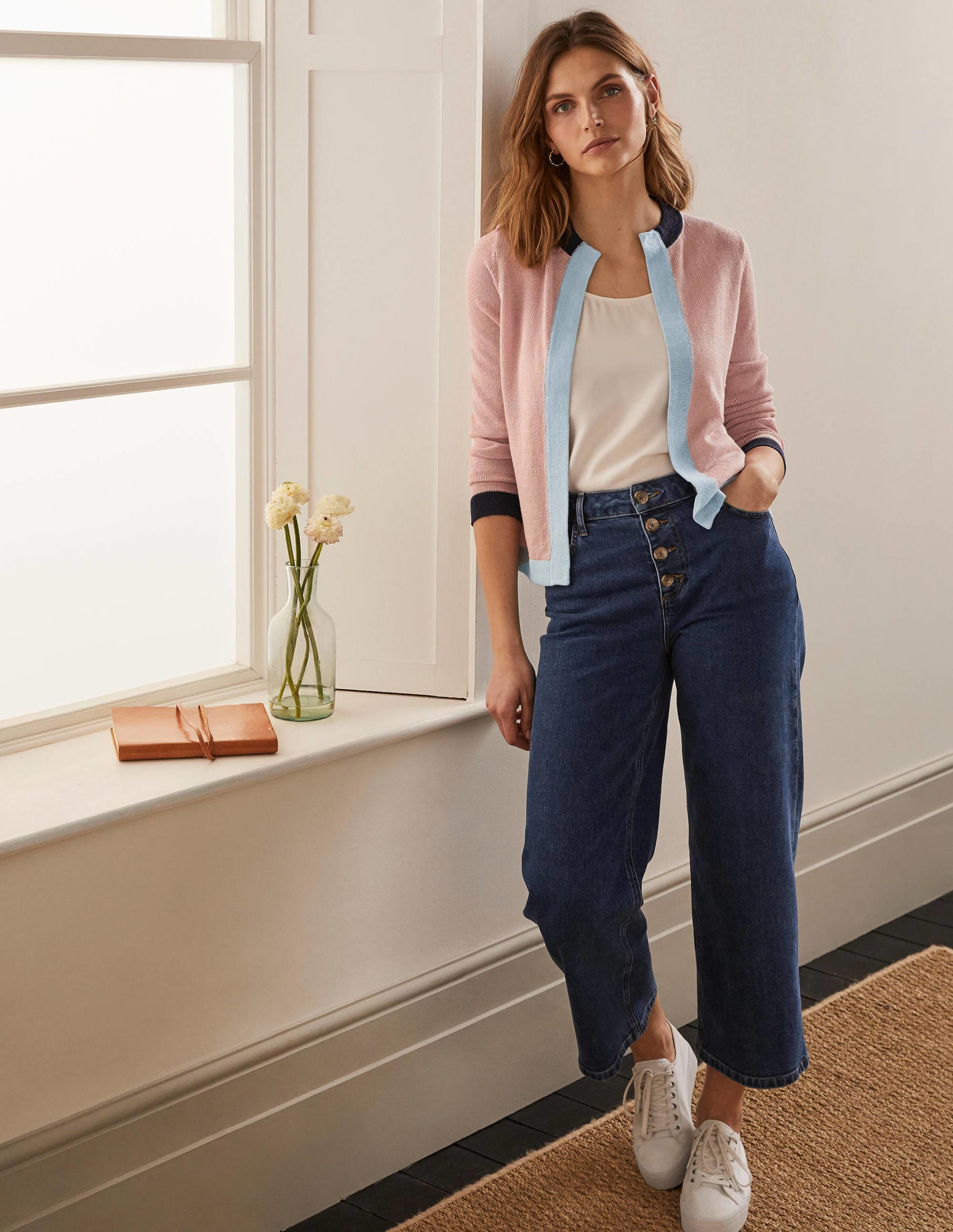 Stripe Trim Linen Cardigan-Milkshake Colourblock - Image 2