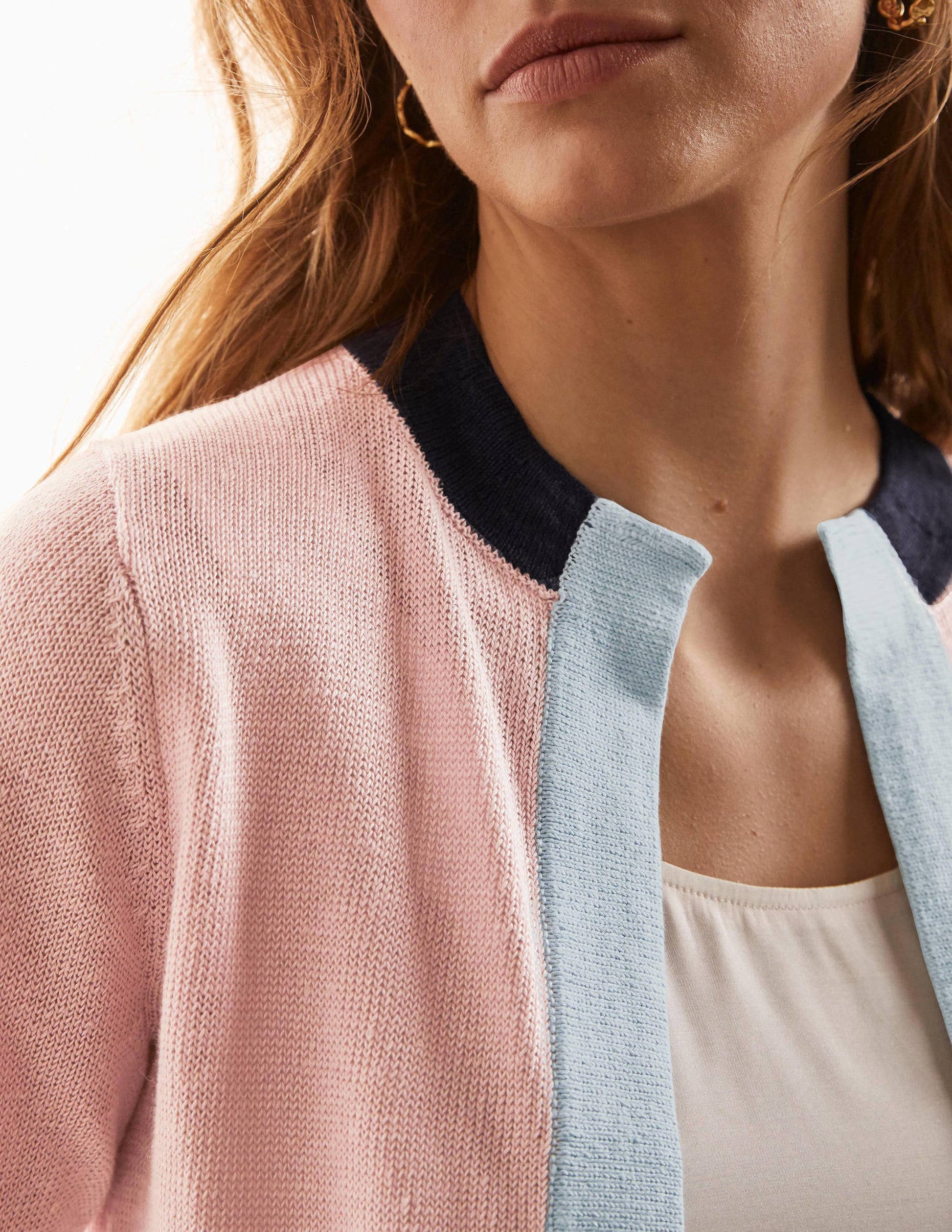 Stripe Trim Linen Cardigan-Milkshake Colourblock-4