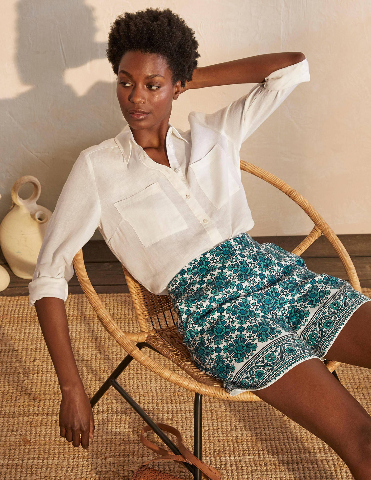 Georgina Linen Shorts-Indian Ocean, Flora Tile-4