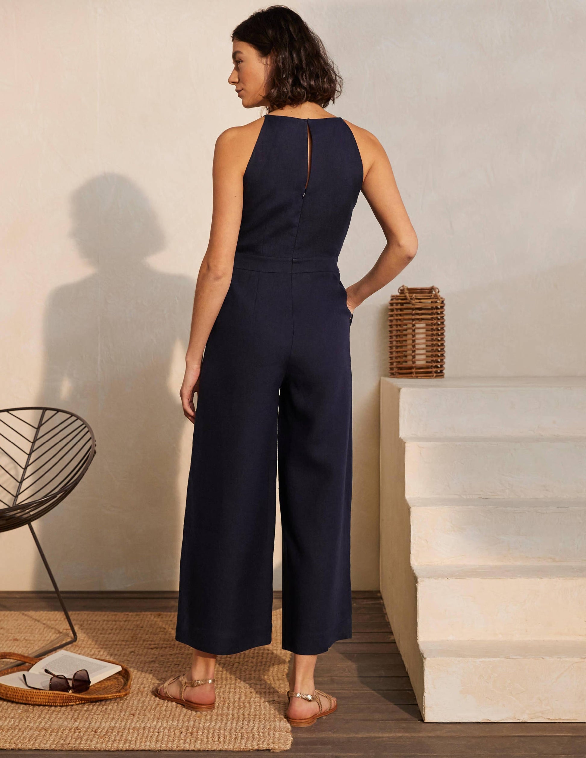 Halterneck Linen Jumpsuit-Navy-2