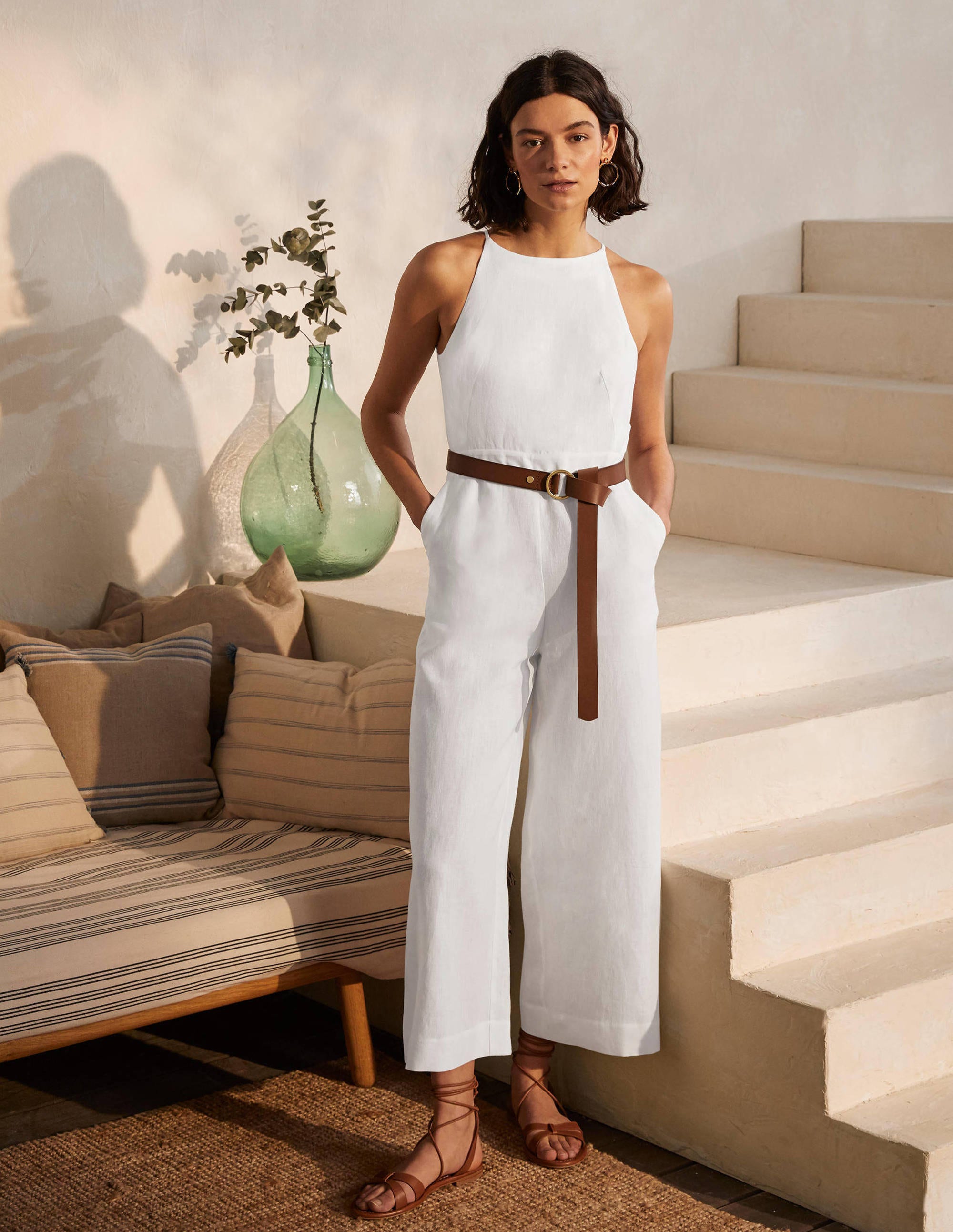 Halterneck Linen Jumpsuit-White - Image 5
