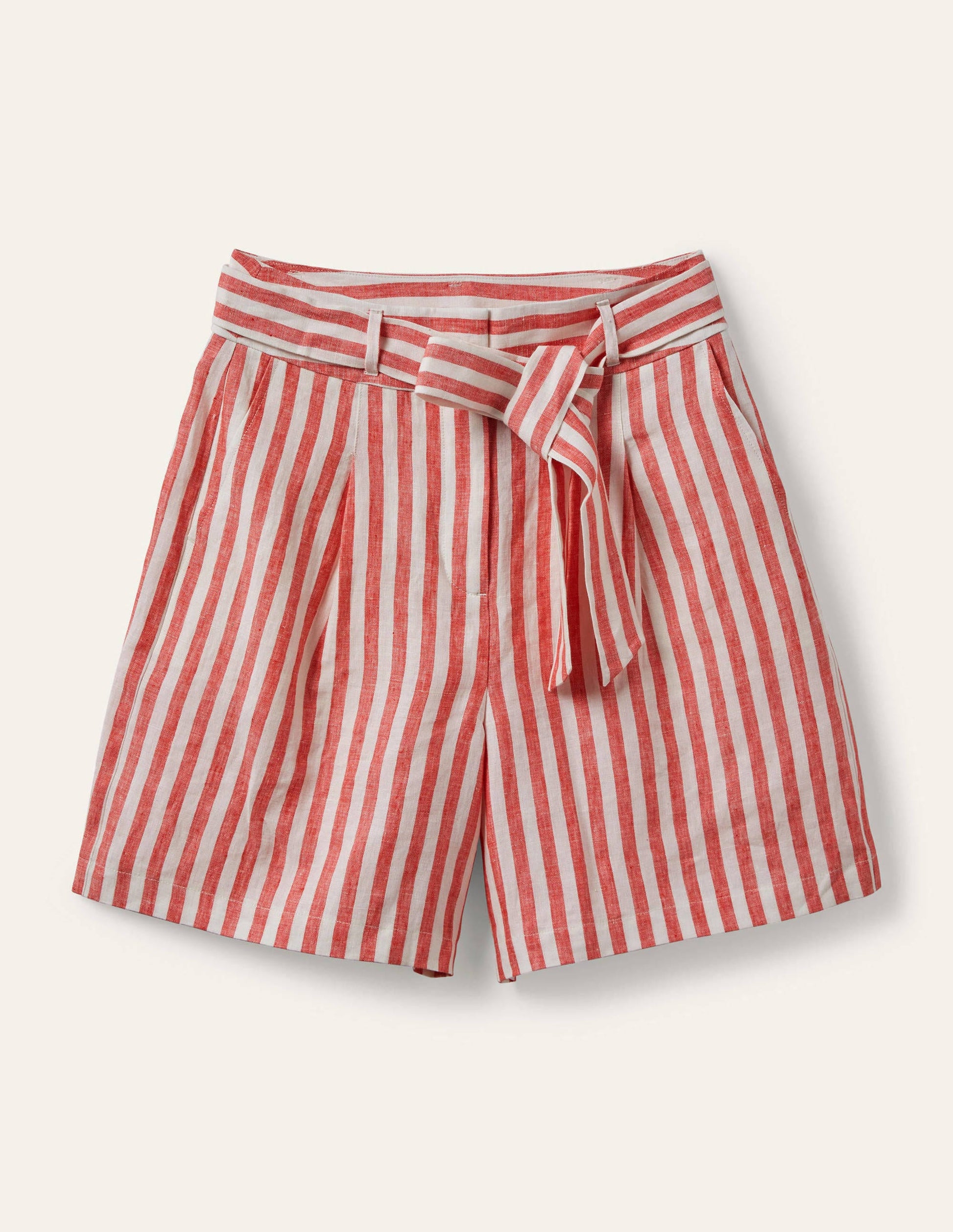 Alma Tie Waist Linen Shorts-Cherry Red Stripe-6