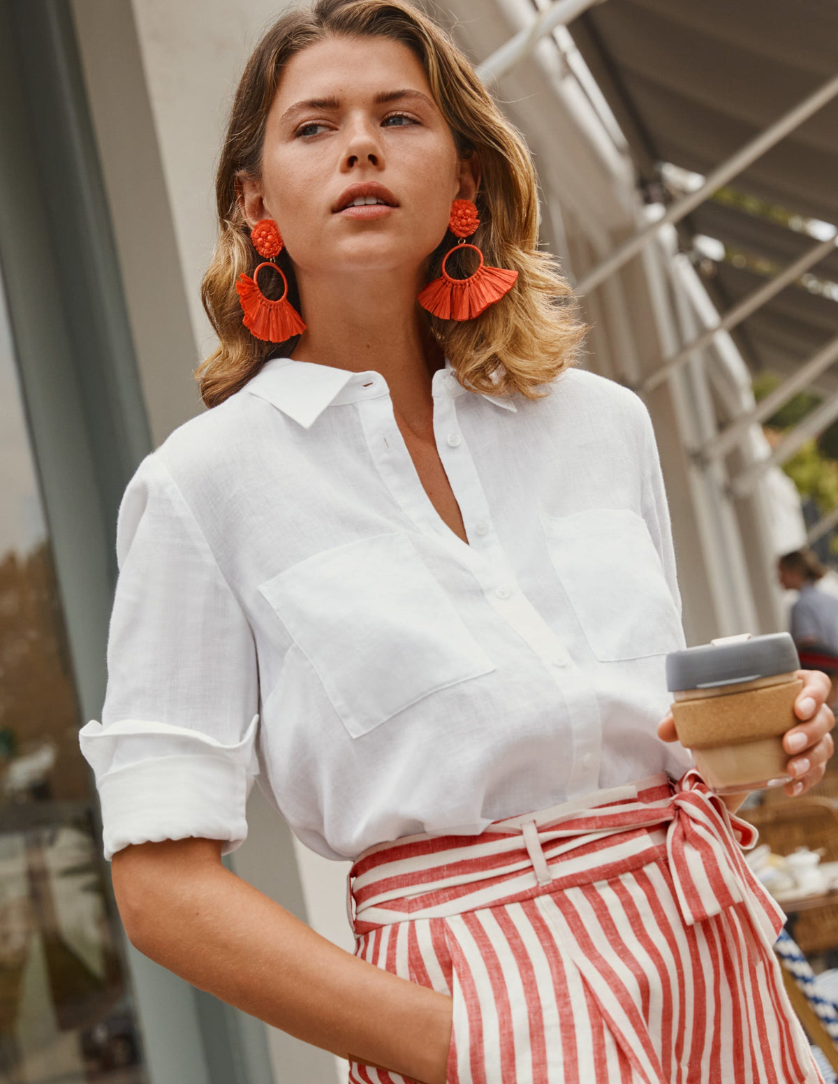 Alma Tie Waist Linen Shorts-Cherry Red Stripe - Image 8