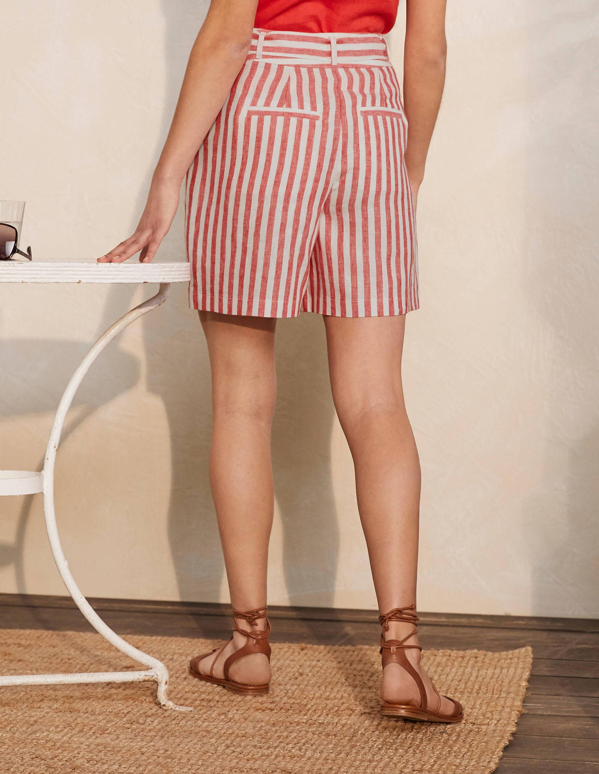 Alma Tie Waist Linen Shorts-Cherry Red Stripe-2