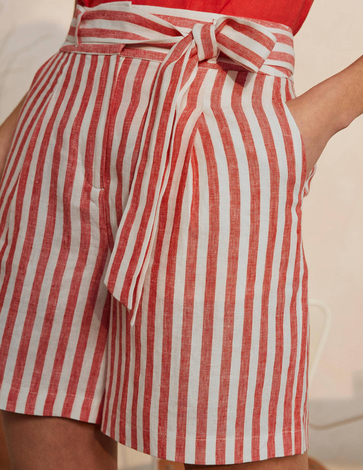 Alma Tie Waist Linen Shorts-Cherry Red Stripe - Image 3