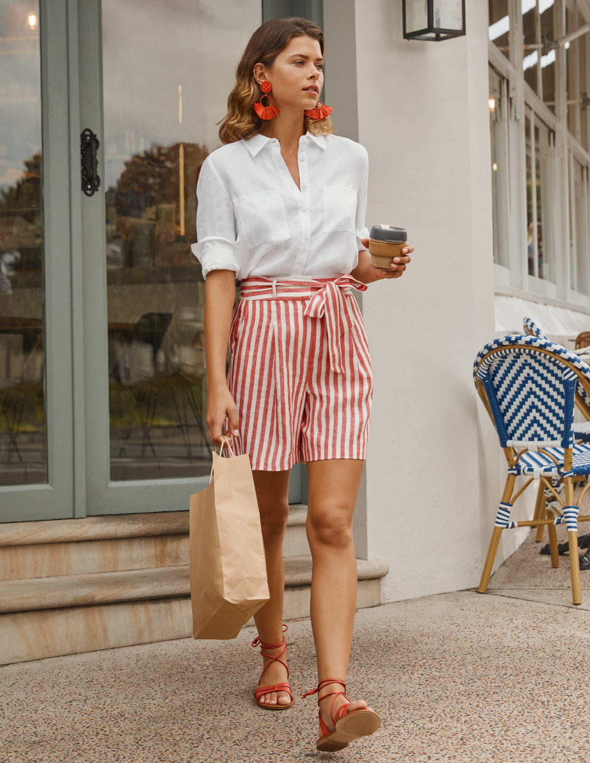 Alma Tie Waist Linen Shorts-Cherry Red Stripe-4