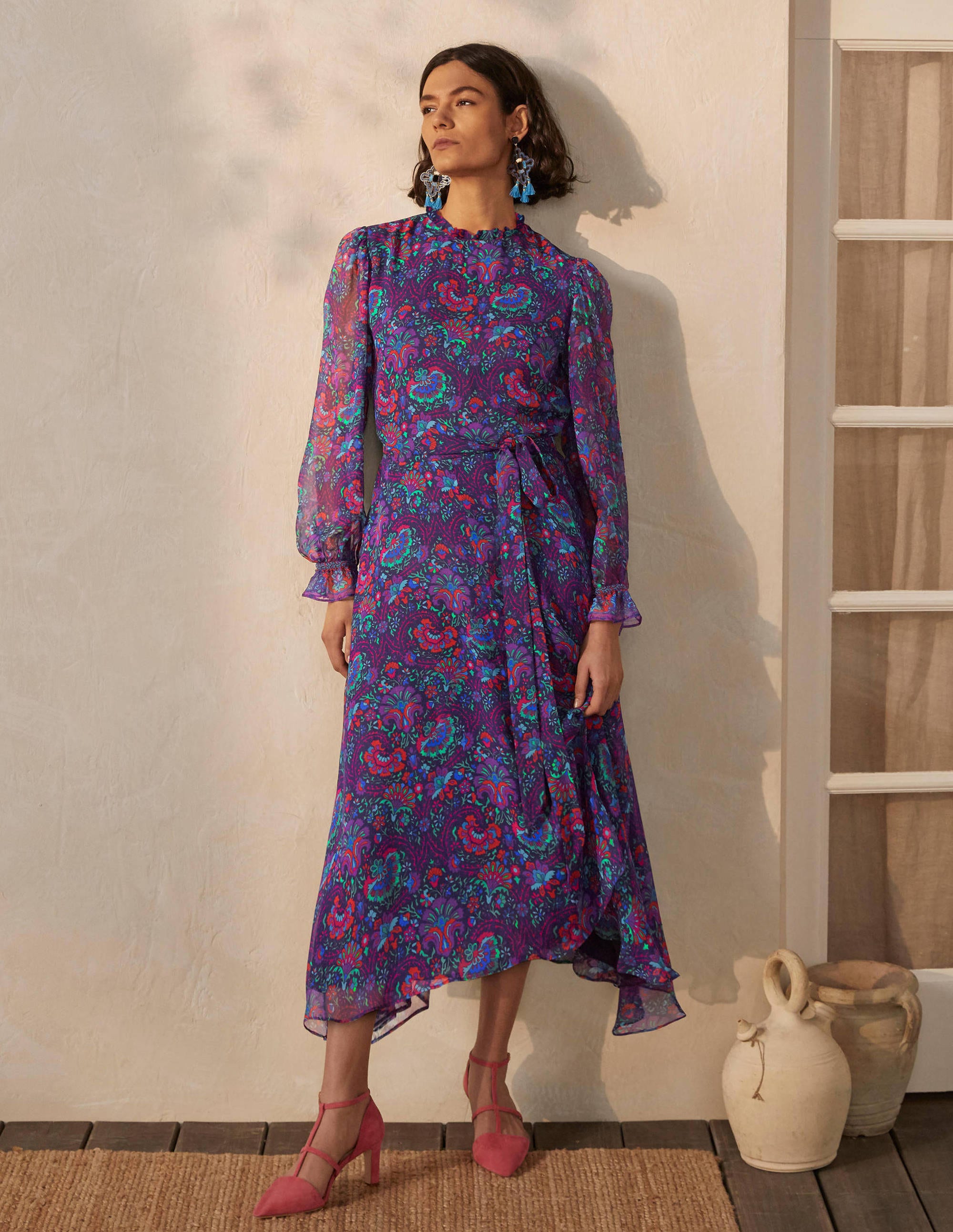 Saskia Silk Dress-French Navy, Opulent Bloom - Image 4