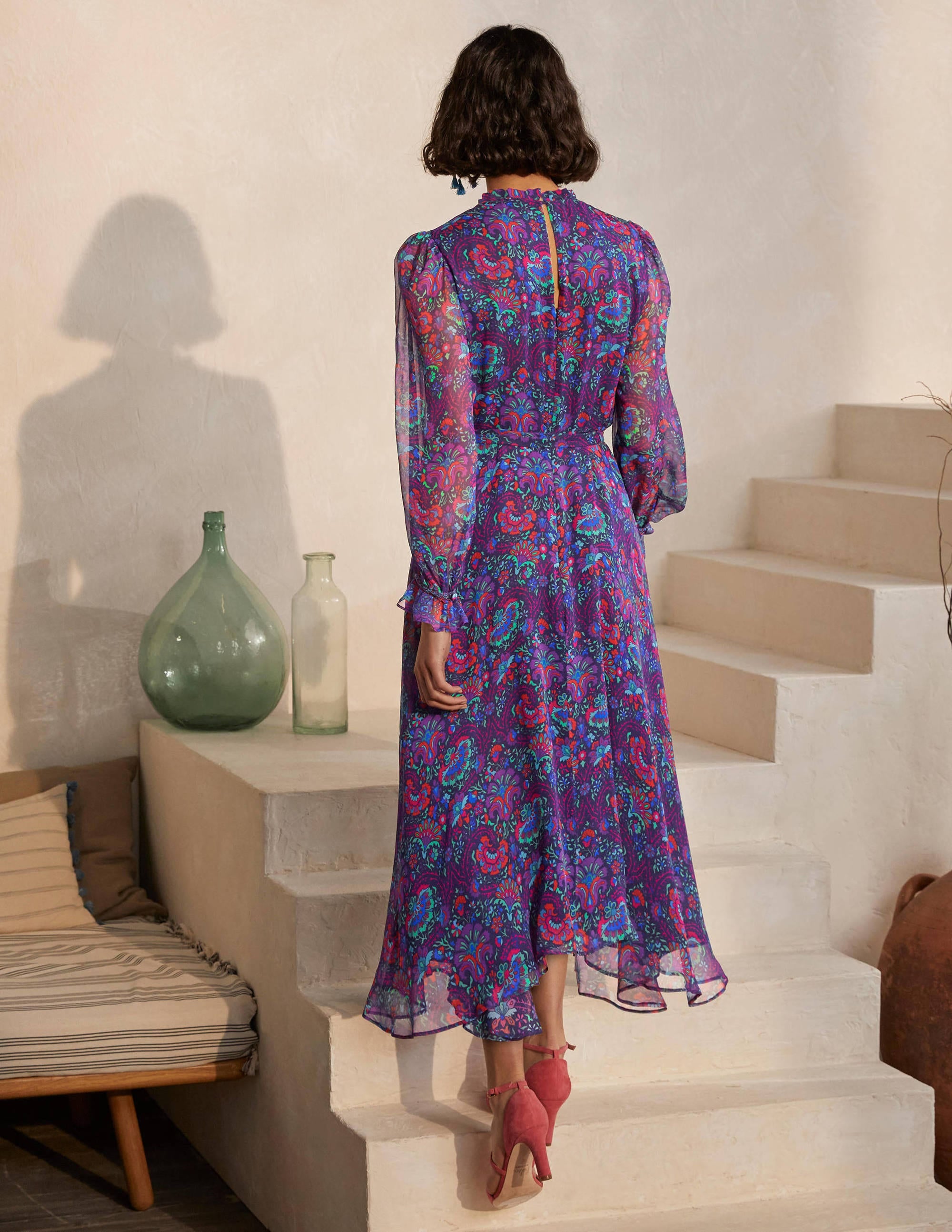 Saskia Silk Dress-French Navy, Opulent Bloom - Image 2