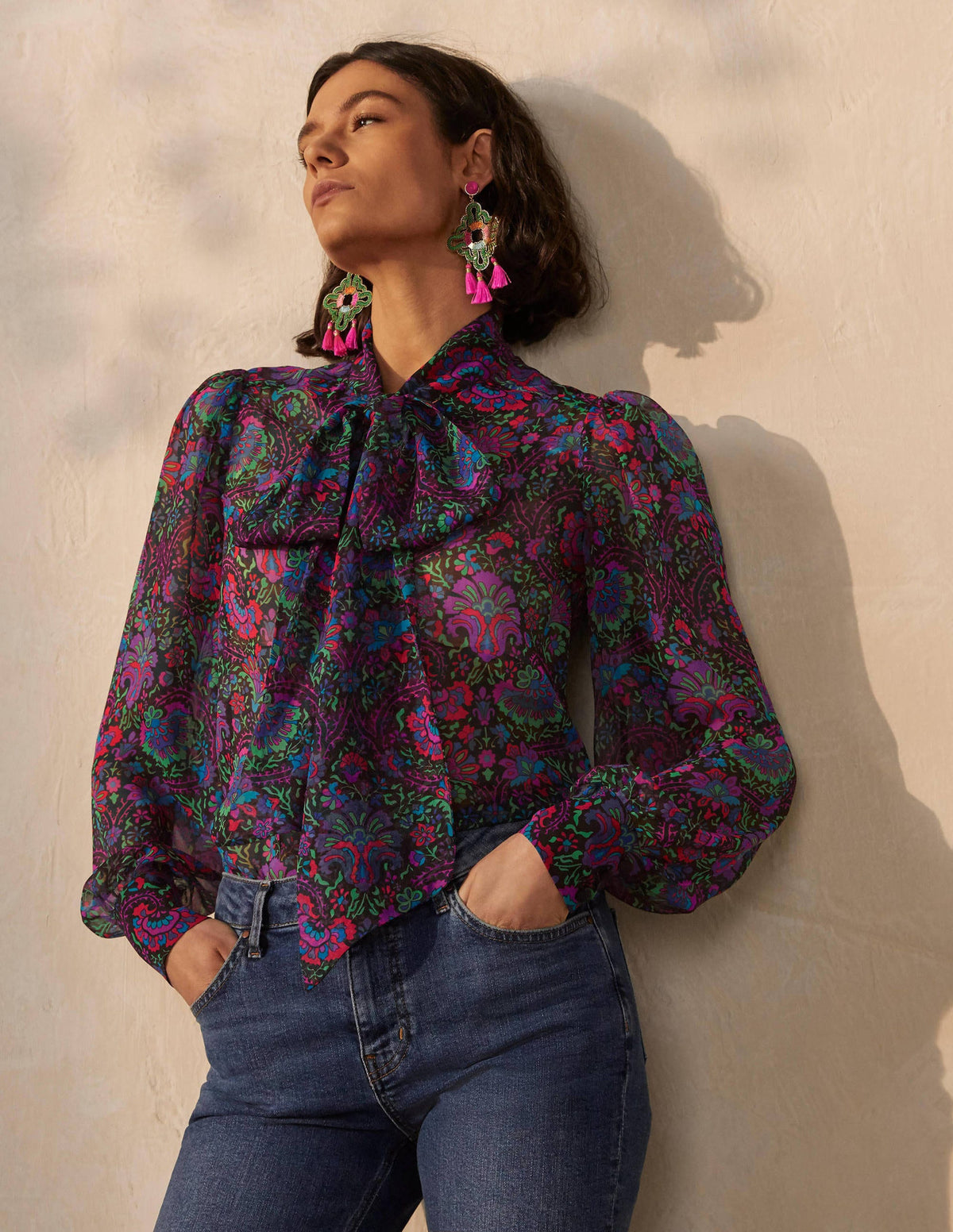 Rosaline Silk Blouse-French Navy, Opulent Bloom-4
